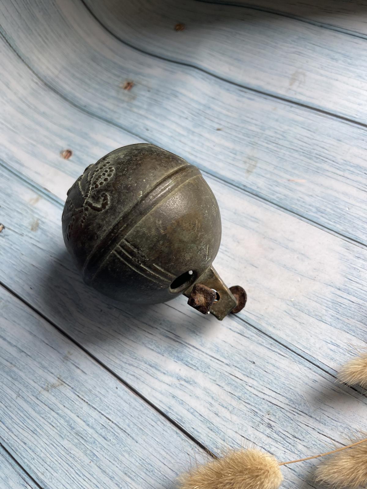Large Antique French Brass Crotal Cow Bell – Floral Detail – Stamped No. 7