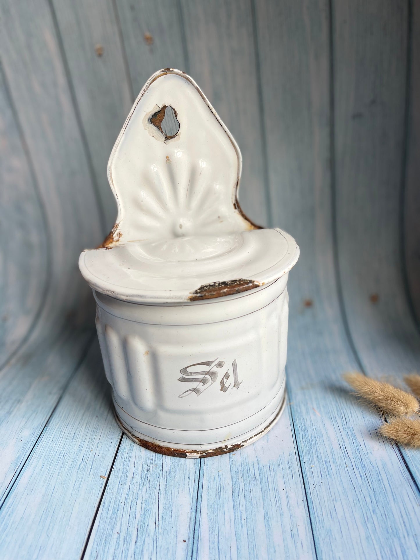 Classic French Antique Enamel silver and White Chippy Salt Cellar / Wall Hanging Sel