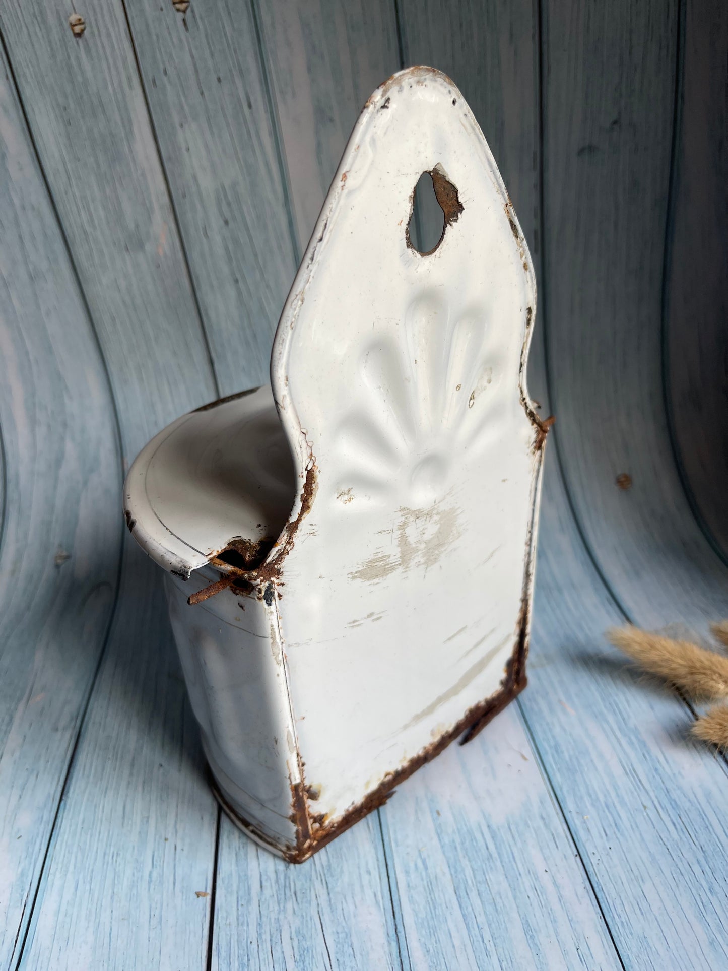 Classic French Antique Enamel silver and White Chippy Salt Cellar / Wall Hanging Sel