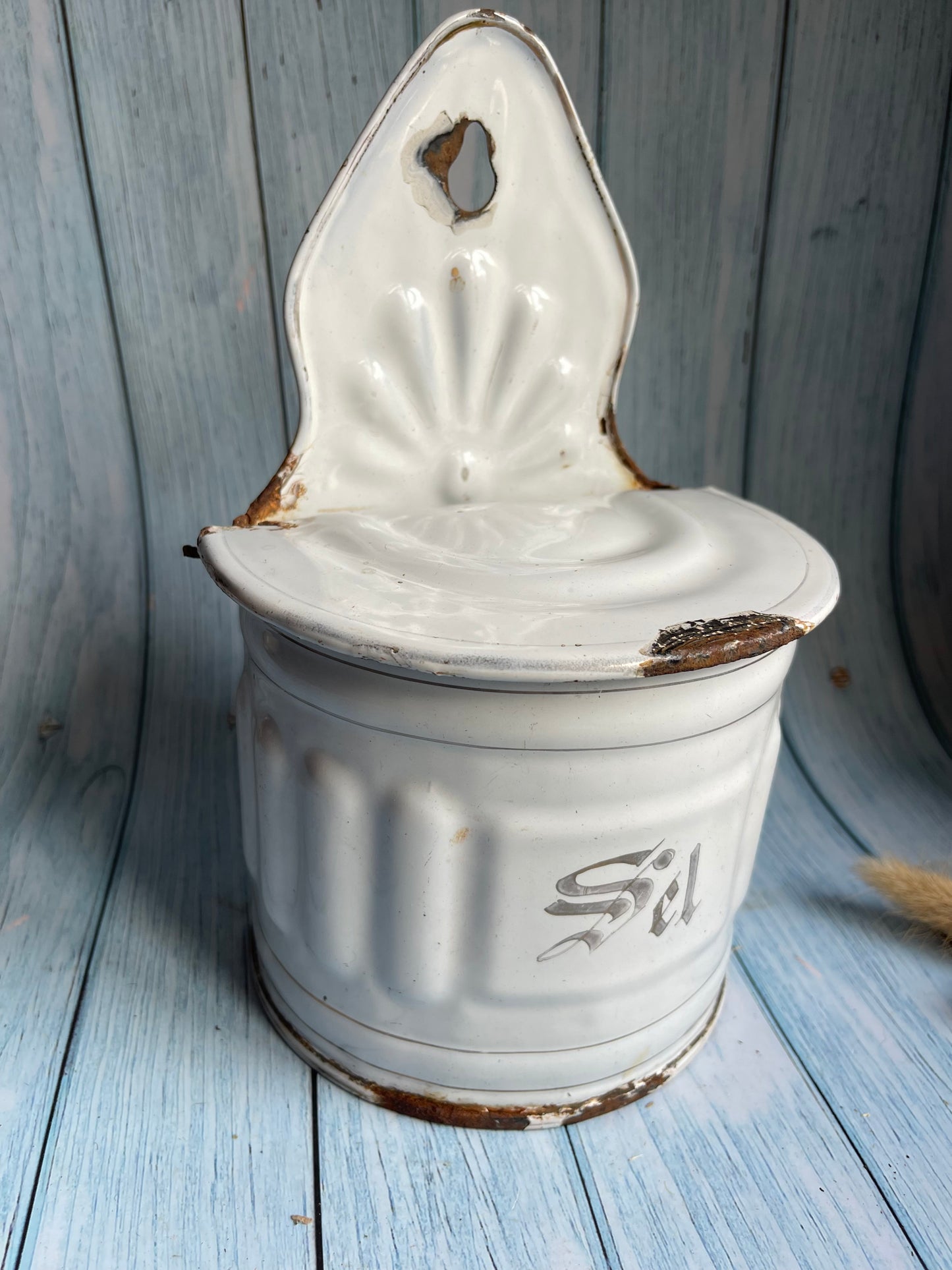 Classic French Antique Enamel silver and White Chippy Salt Cellar / Wall Hanging Sel