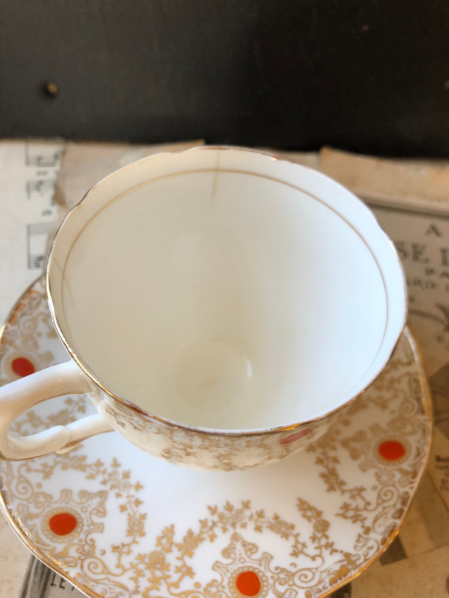 Art Deco Salisbury Bone China Cup and Saucer: Gold Chintz, Orange Detail