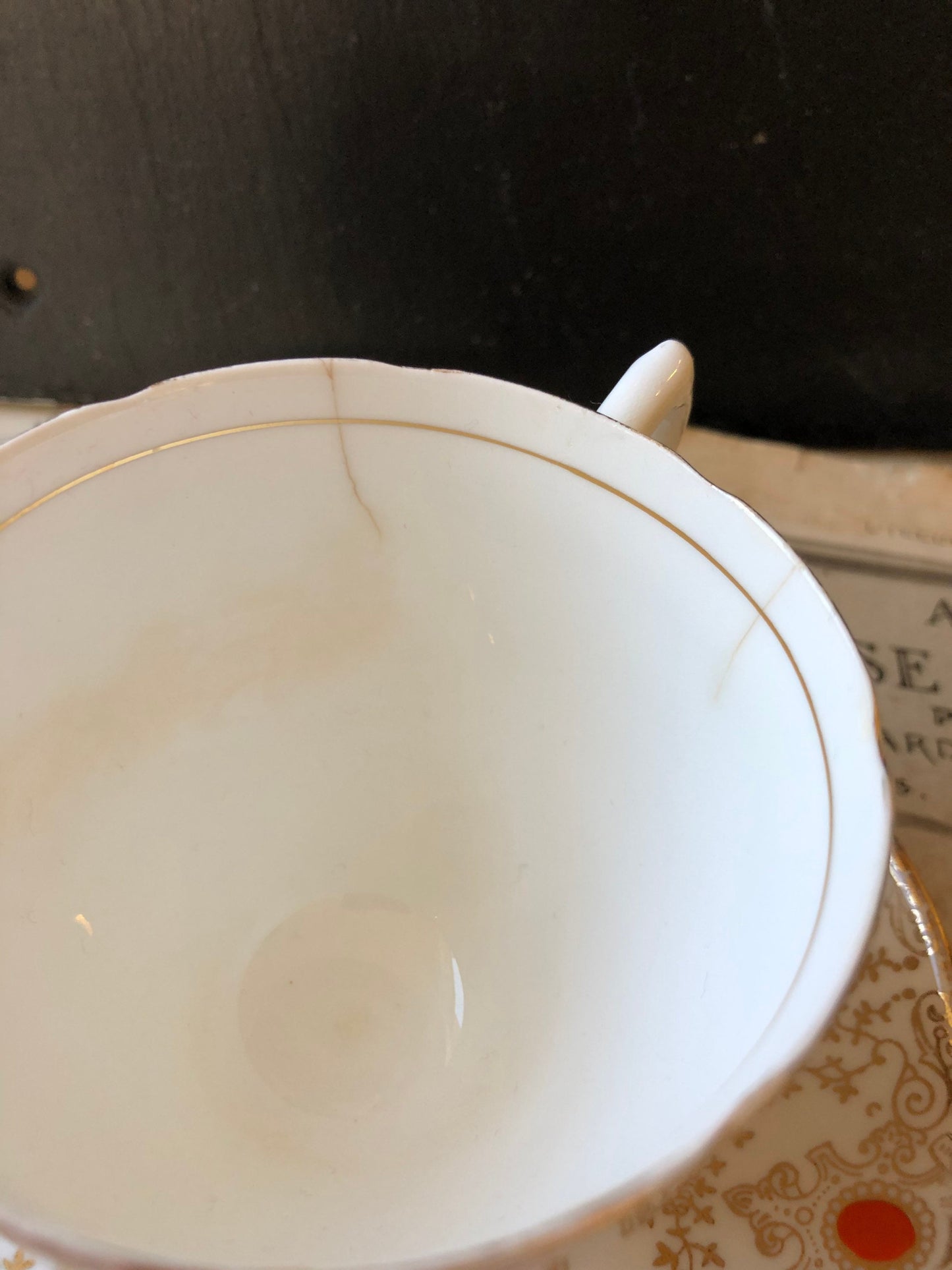 Art Deco Salisbury Bone China Cup and Saucer: Gold Chintz, Orange Detail