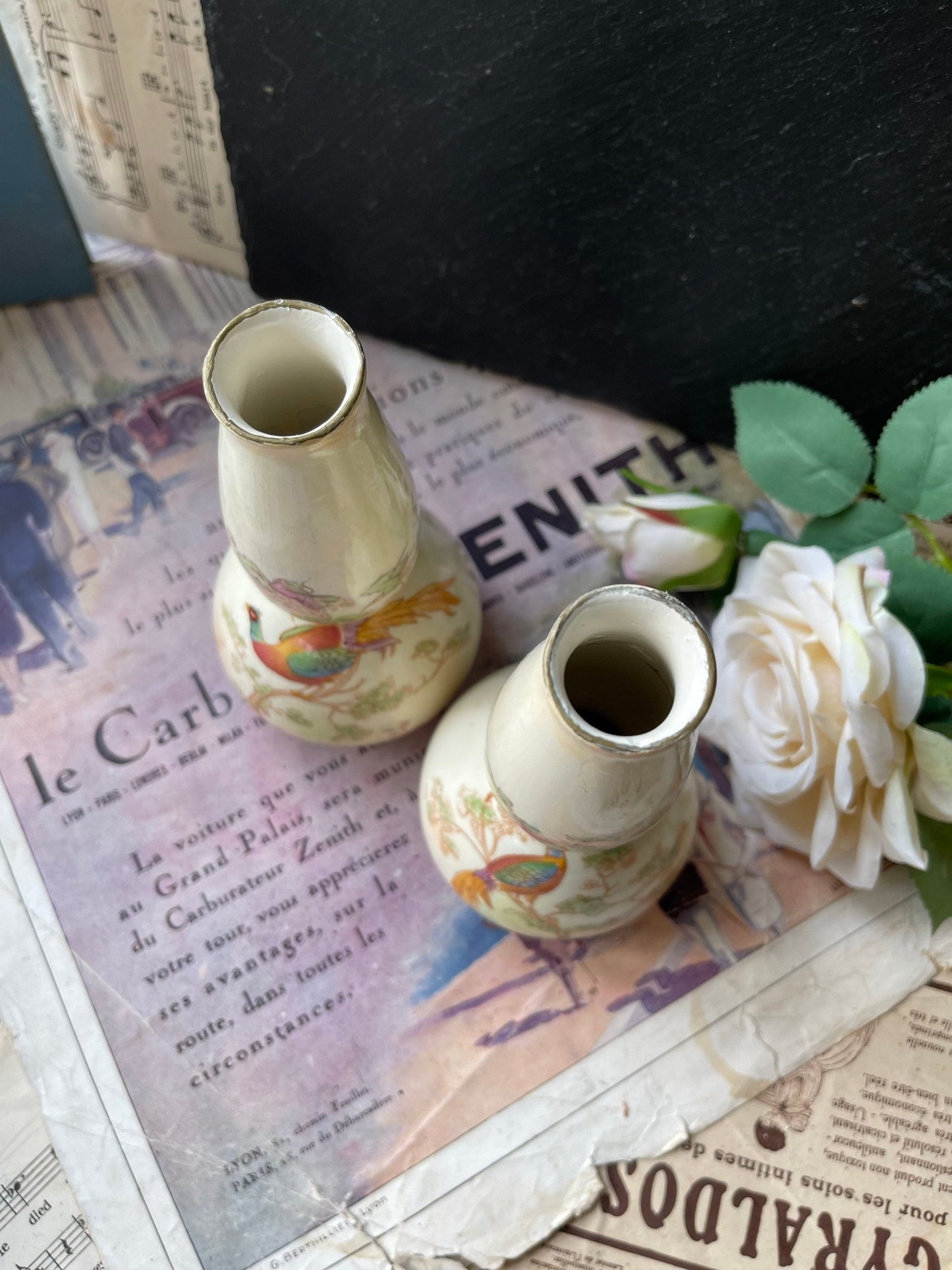 Crown Ducal Art Nouveau Vases: Asiatic Pheasant Blushware Pair