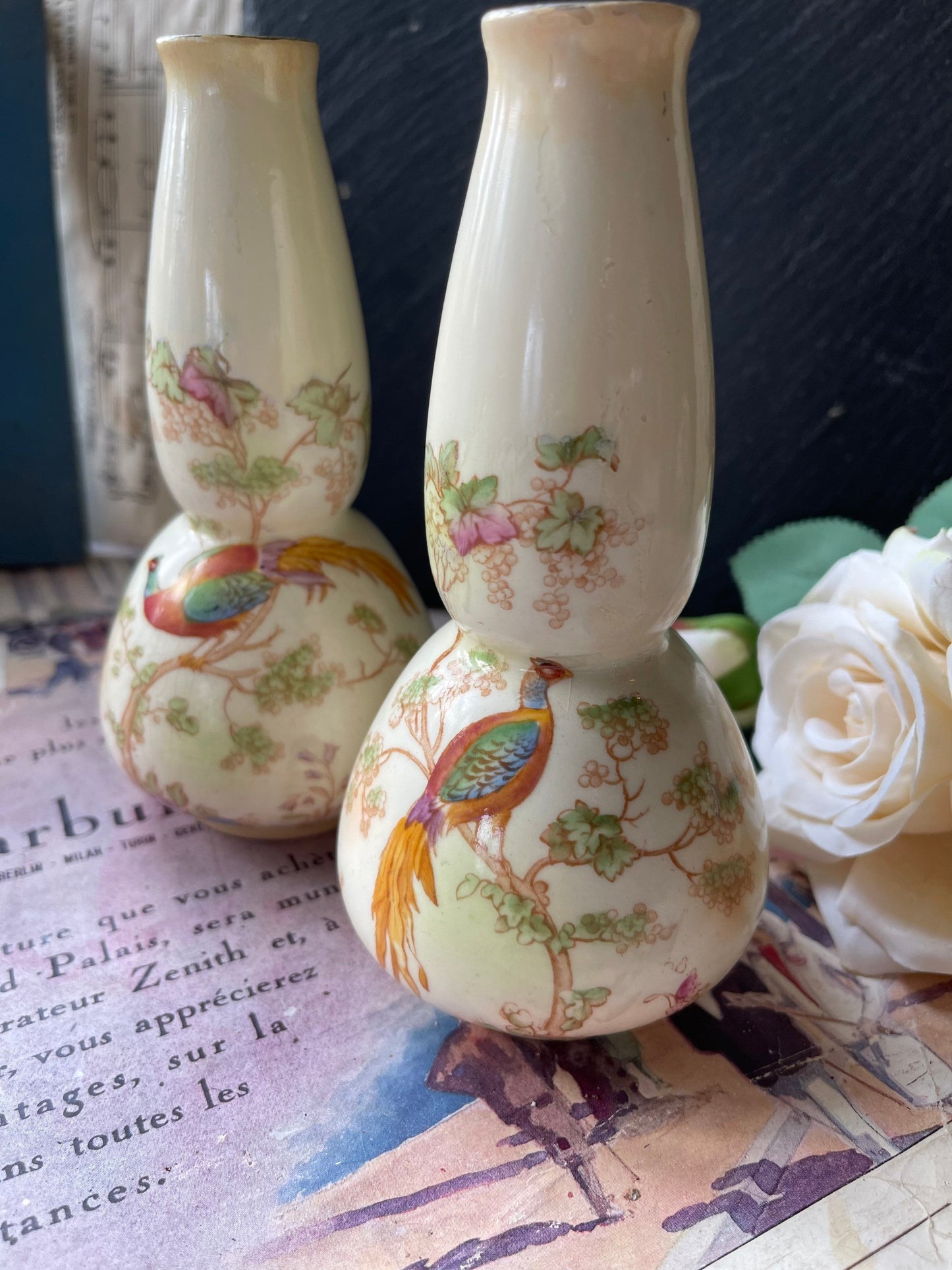 Crown Ducal Art Nouveau Vases: Asiatic Pheasant Blushware Pair