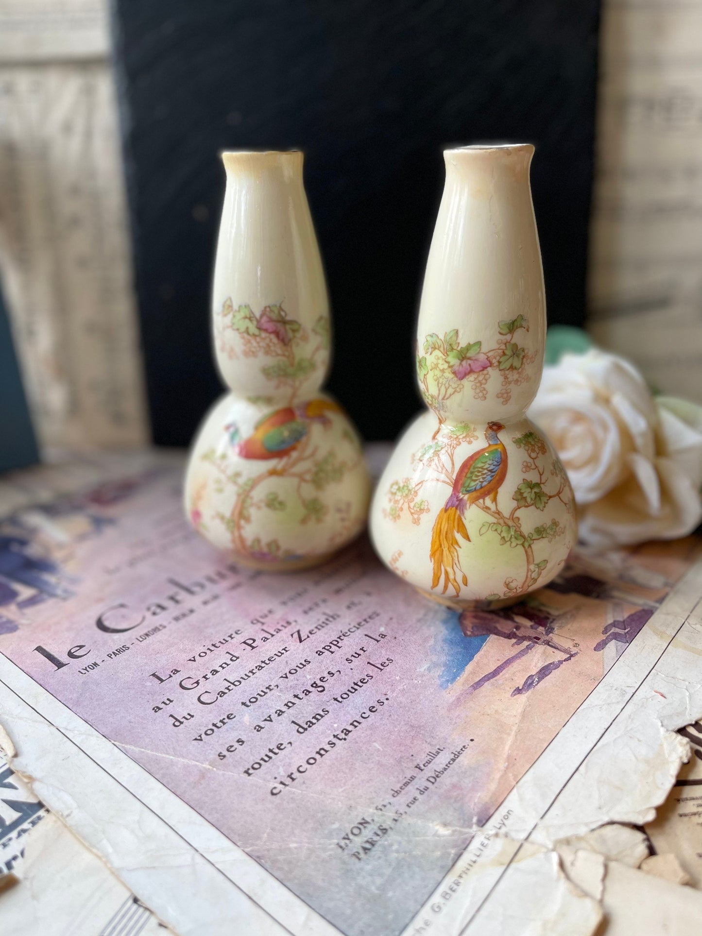 Crown Ducal Art Nouveau Vases: Asiatic Pheasant Blushware Pair