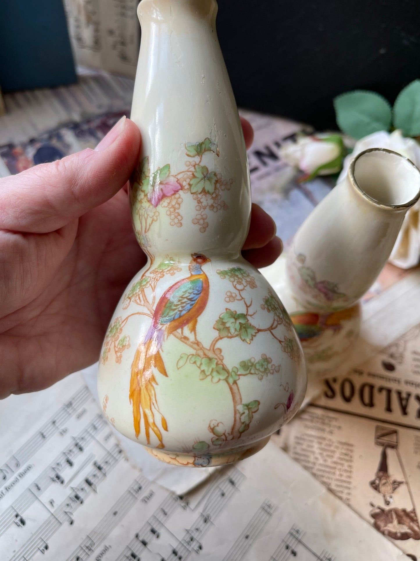 Crown Ducal Art Nouveau Vases: Asiatic Pheasant Blushware Pair