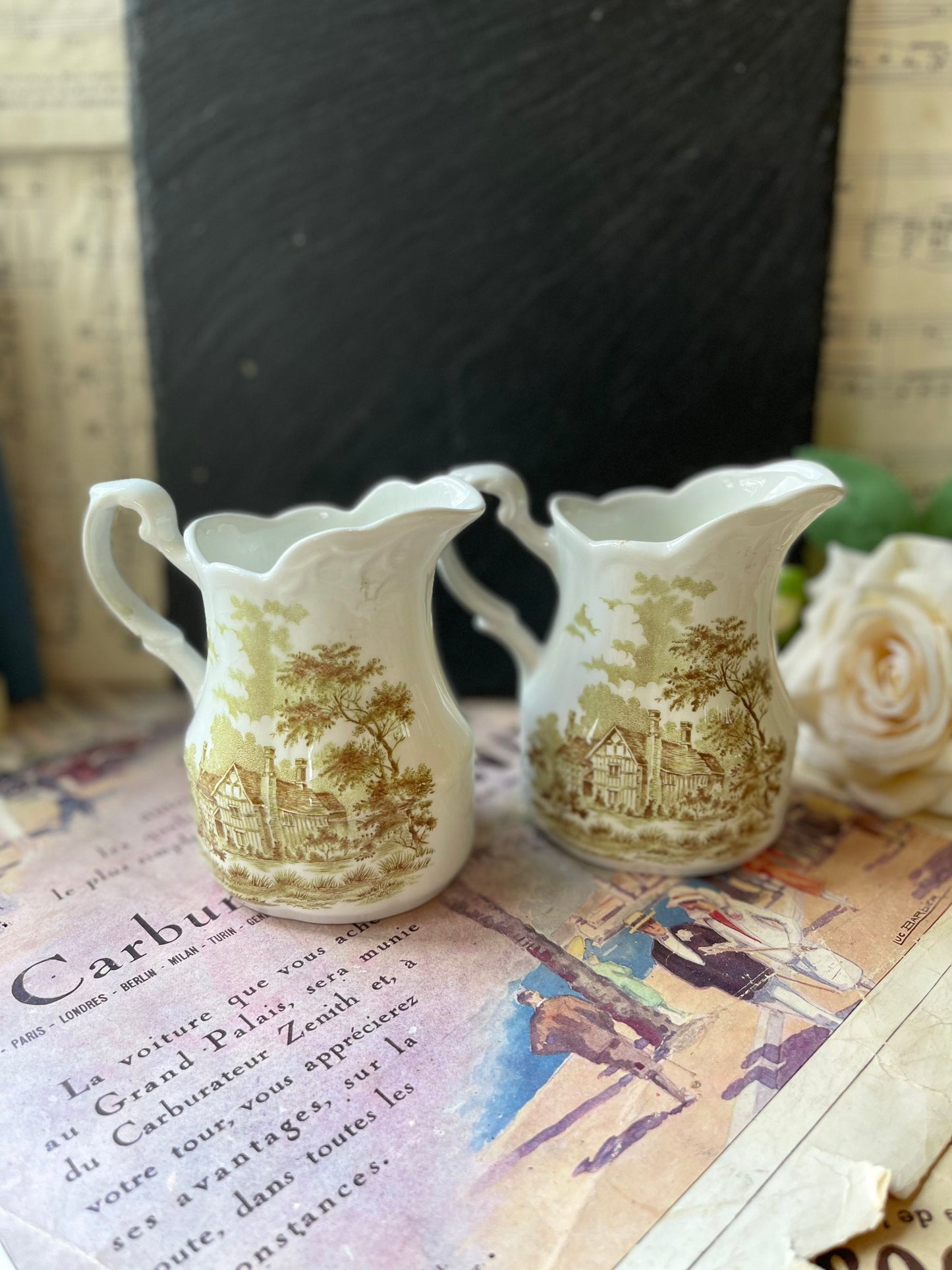 J & G Meakin Jugs: Romantic England 14th Century Cottage Pair