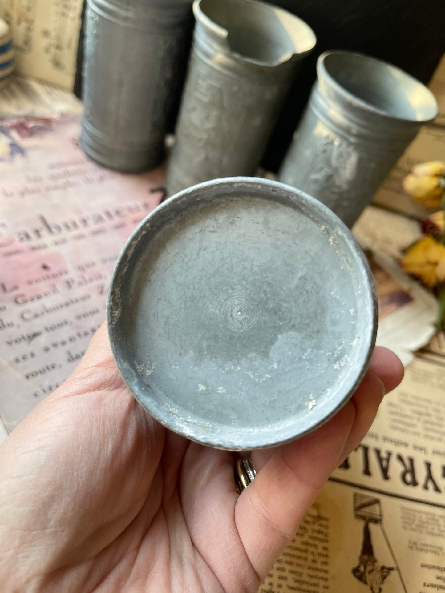 Antique Pewter Beakers (Set of 4): French Tavern Scene Cups
