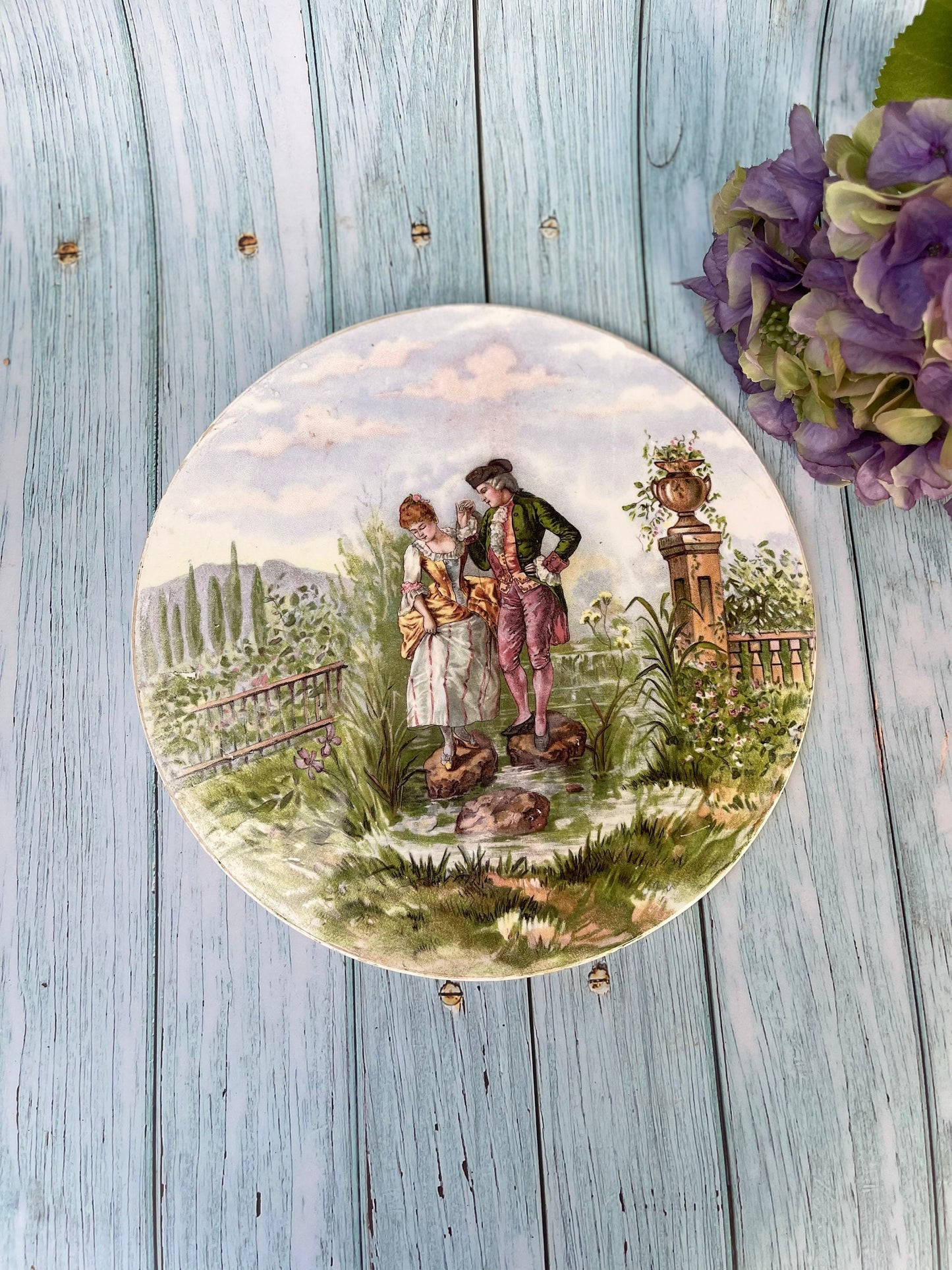 Antique Scale Plate / Pastoral Romantic Scene / Victorian White Ironstone / Cheese Plate or Dish / Transfer Print Ceramic Platter