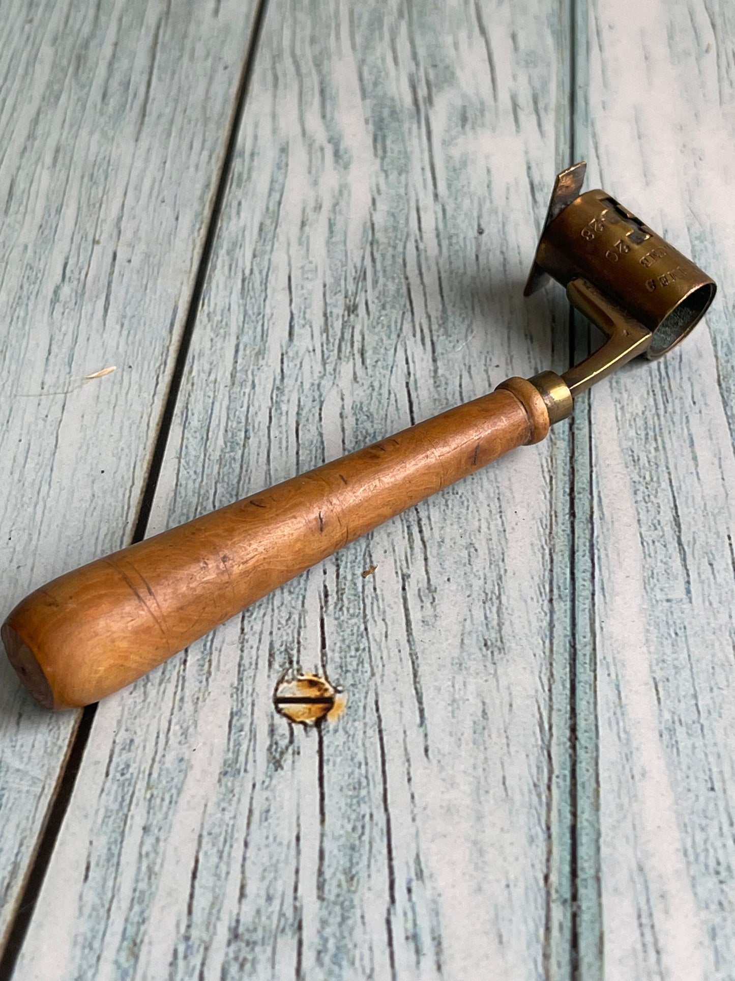 Antique French Brass Powder Measure: Adjustable Gram Scale with Wood Handle