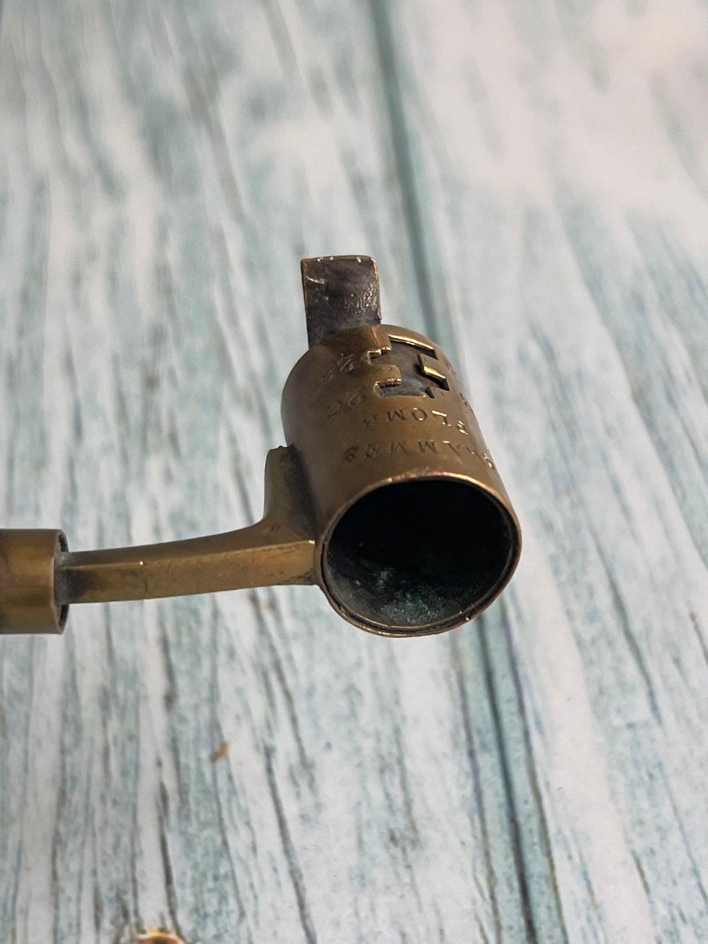 Antique French Brass Powder Measure: Adjustable Gram Scale with Wood Handle