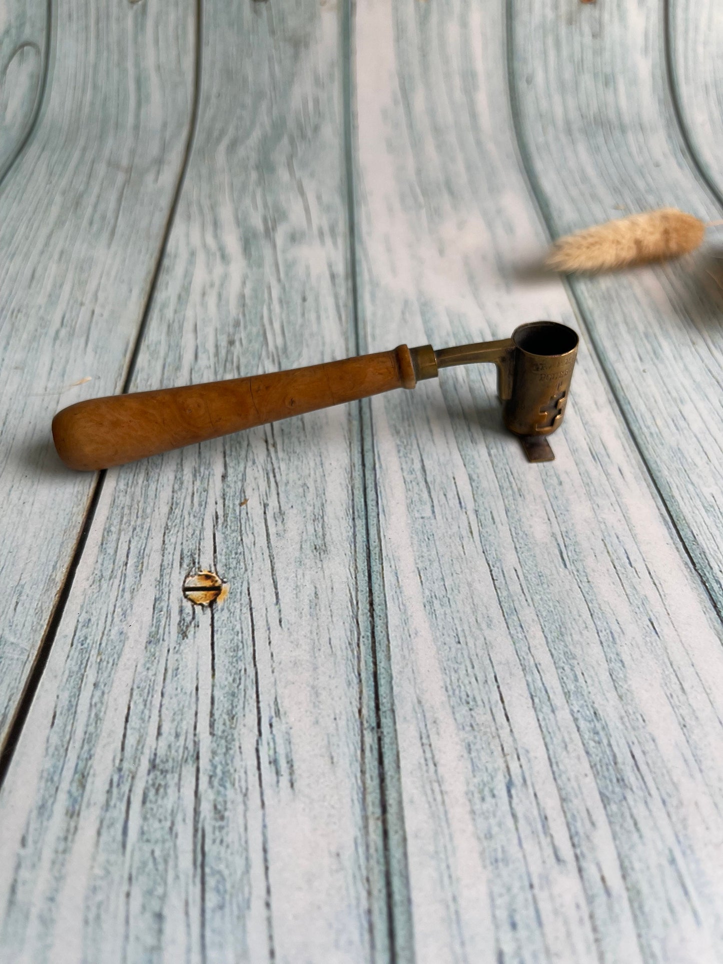 Antique French Brass Powder Measure: Adjustable Gram Scale with Wood Handle