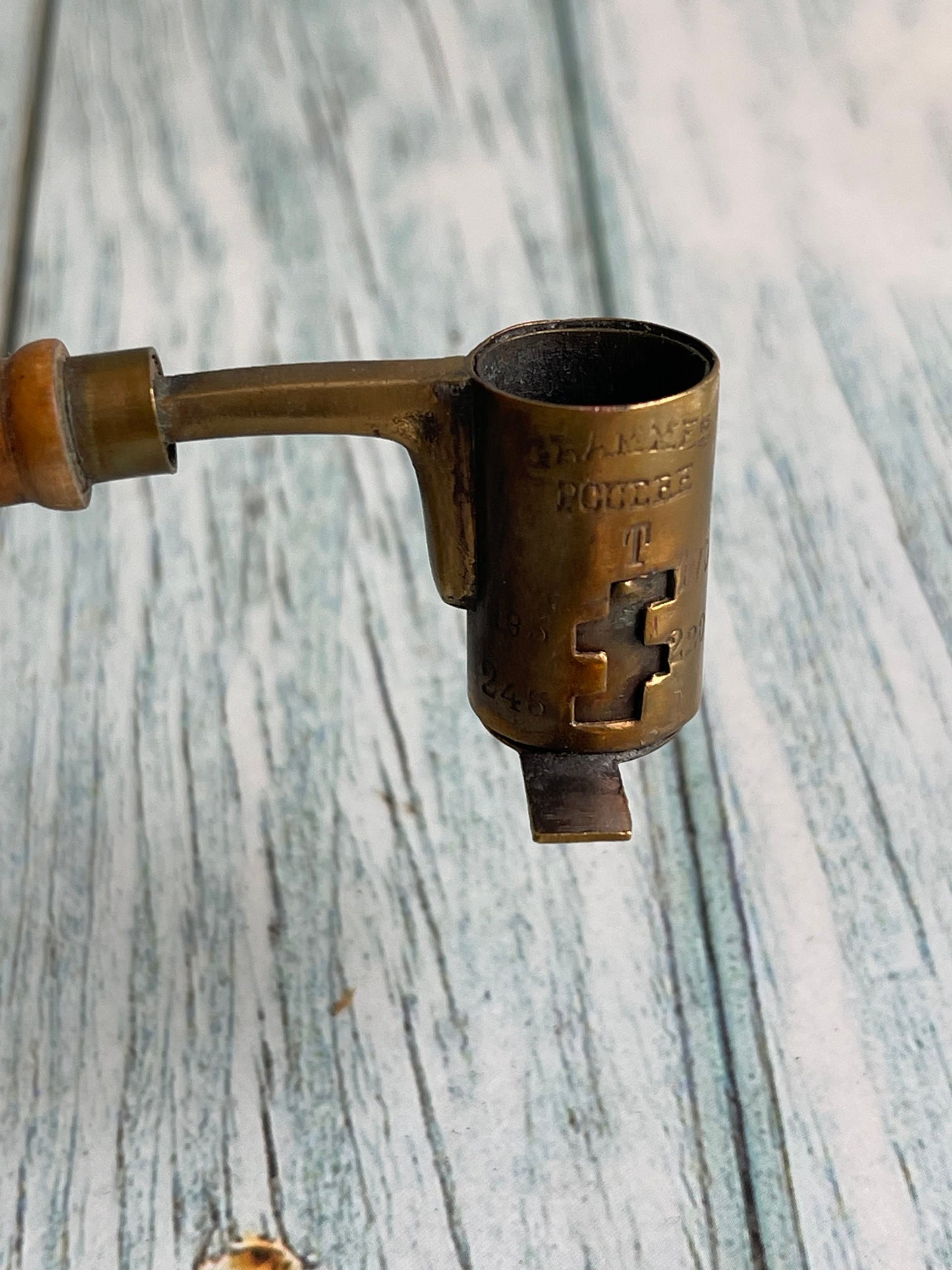 Antique French Brass Powder Measure: Adjustable Gram Scale with Wood Handle