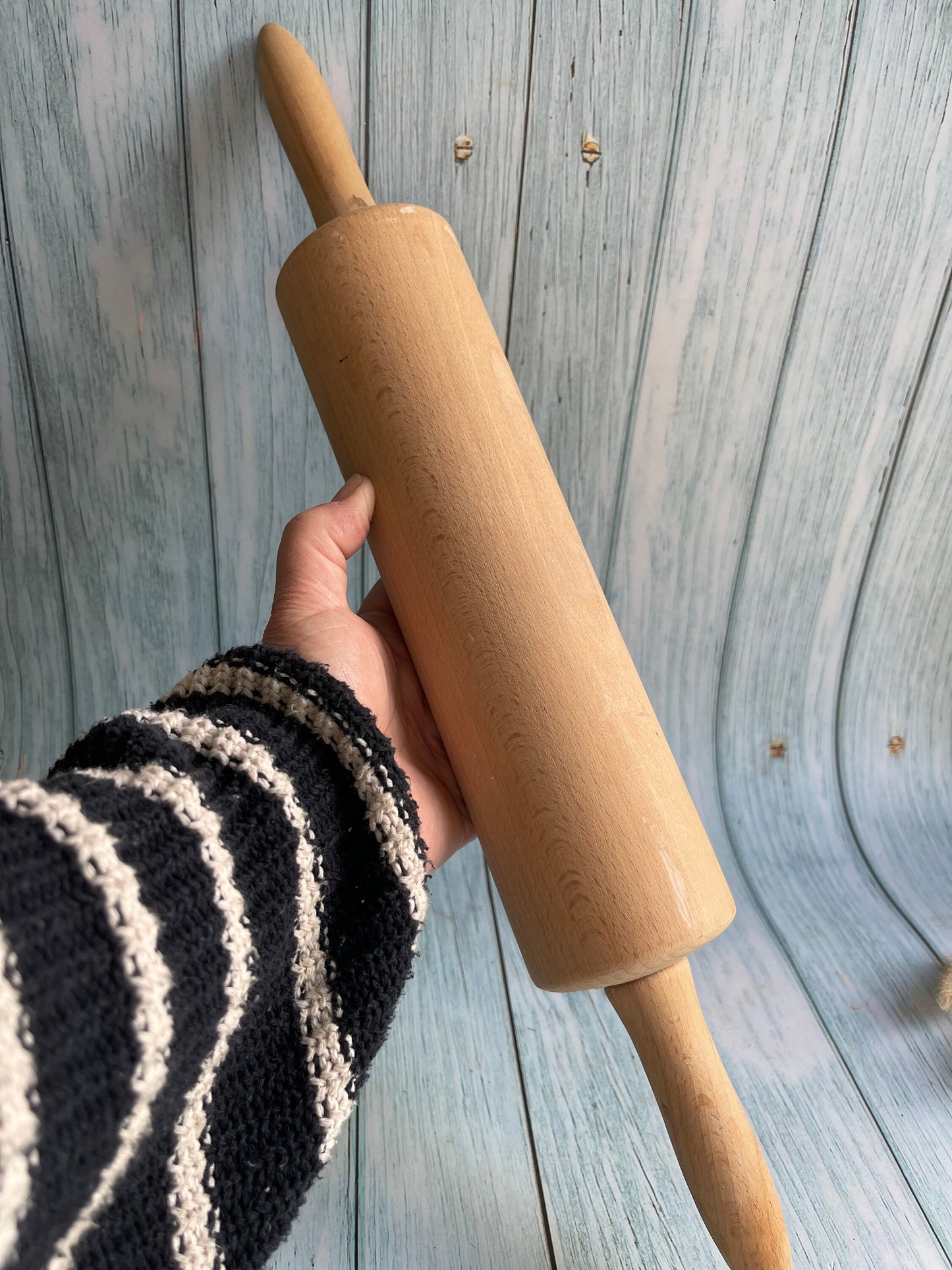 Vintage French Solid Pine Two Handle Wooden Rolling Pin