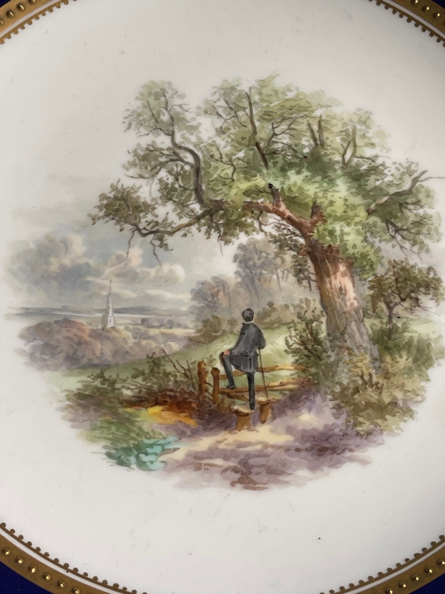 Victorian Comport: English Pastoral Scene, Blue Border, Gilt Detailing