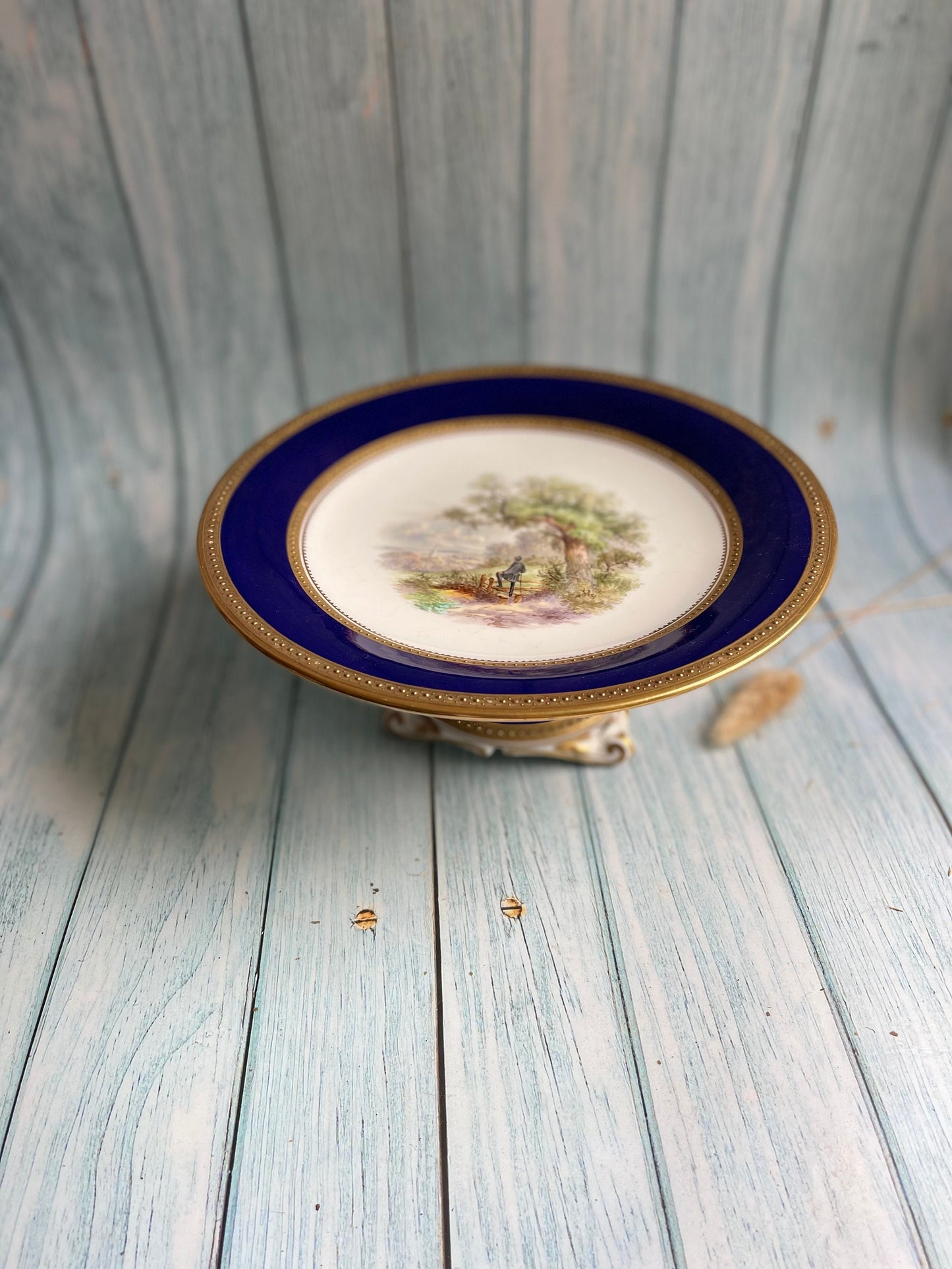 Victorian Comport: English Pastoral Scene, Blue Border, Gilt Detailing
