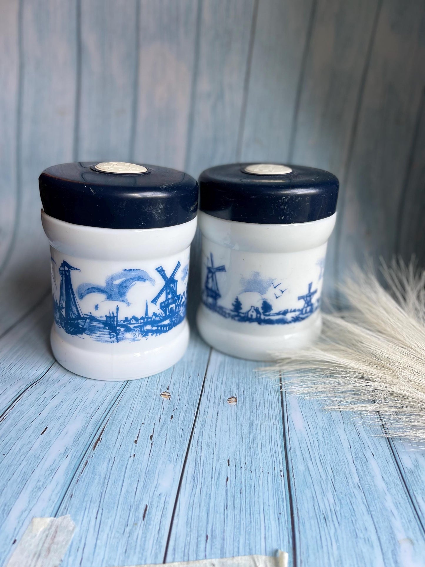 Pair of Vintage Blue and White Dutch Kitchen Storage Canisters / Valkenswaard Opaline Milk Glass Jar Holland / Humidor / Made in Belgium