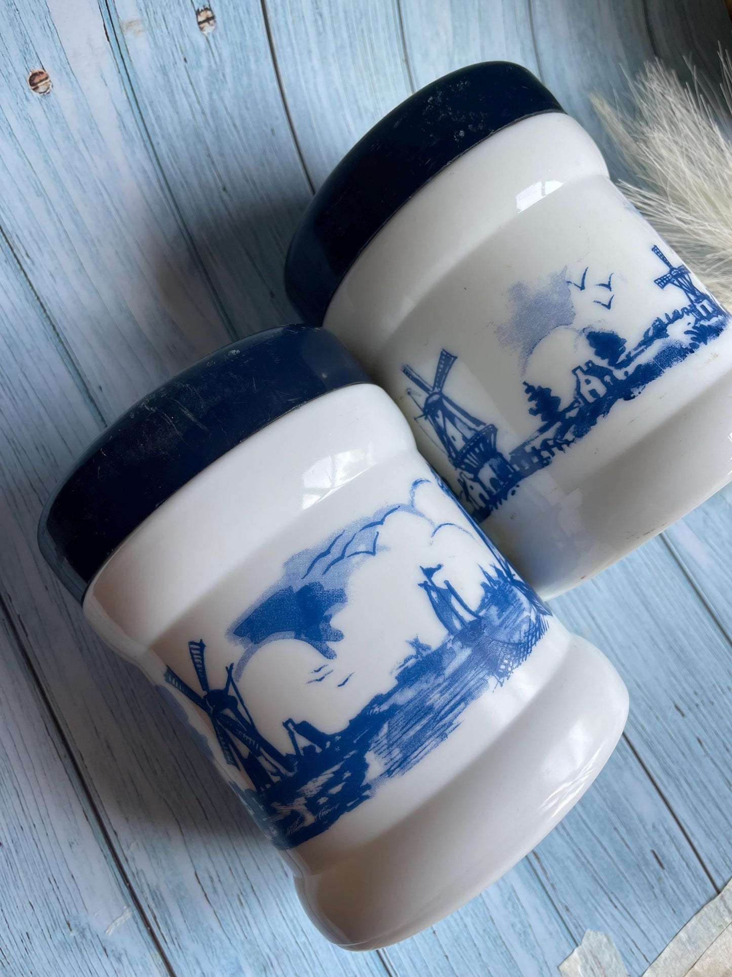 Pair of Vintage Blue and White Dutch Kitchen Storage Canisters / Valkenswaard Opaline Milk Glass Jar Holland / Humidor / Made in Belgium