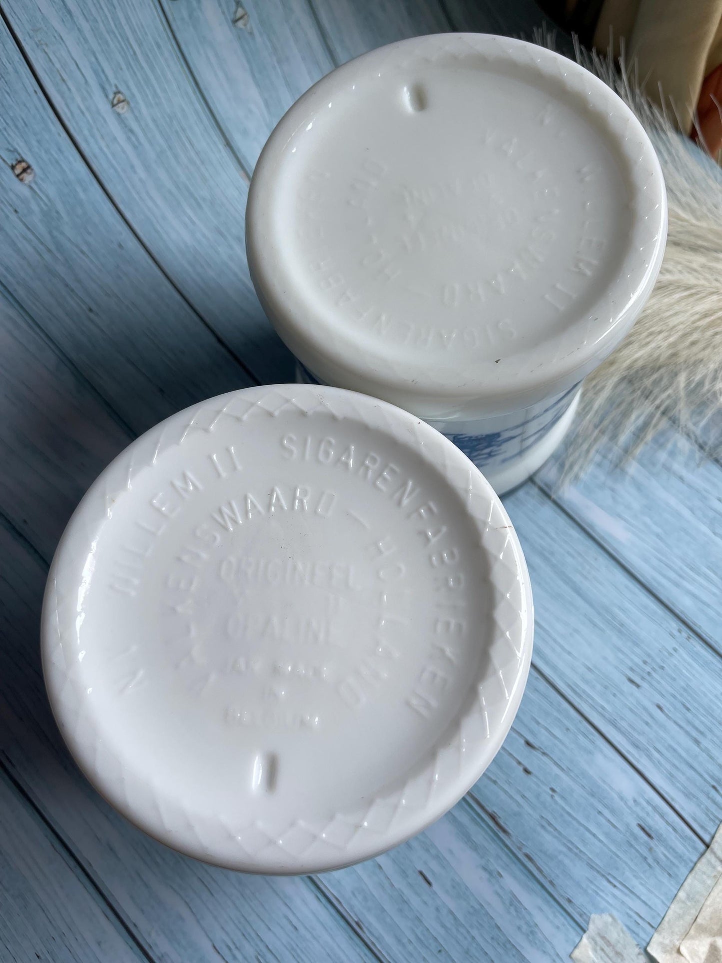Pair of Vintage Blue and White Dutch Kitchen Storage Canisters / Valkenswaard Opaline Milk Glass Jar Holland / Humidor / Made in Belgium