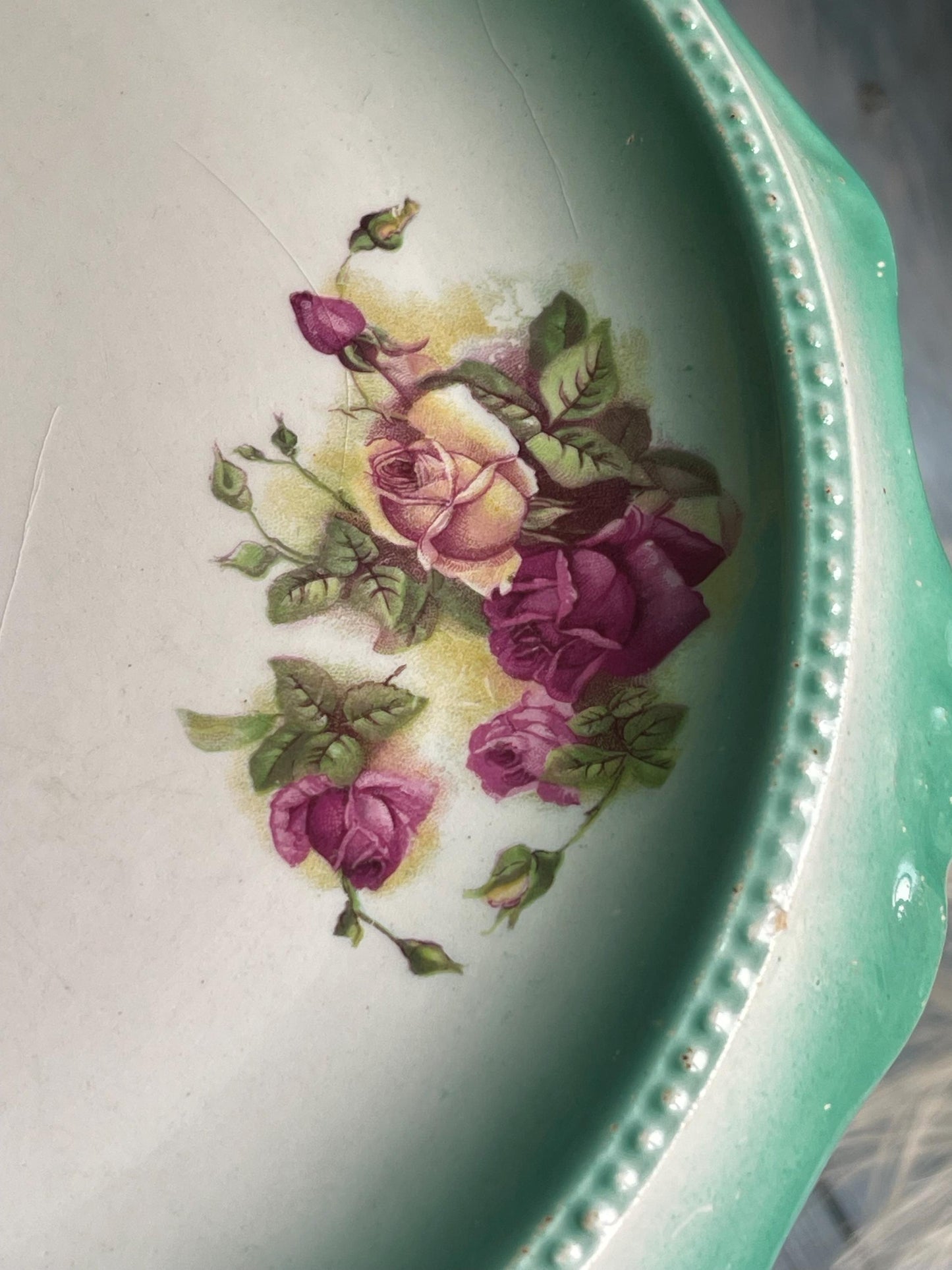 Antique Ceramic Bread or Cake Plate with Pretty Rose Transfer Print Design