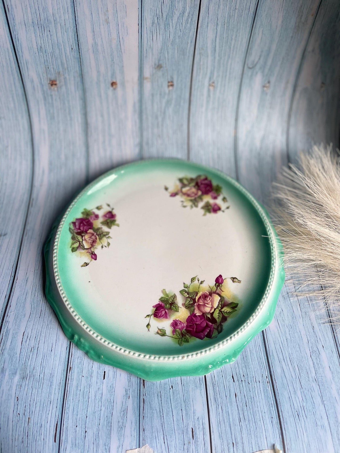 Antique Ceramic Bread or Cake Plate with Pretty Rose Transfer Print Design