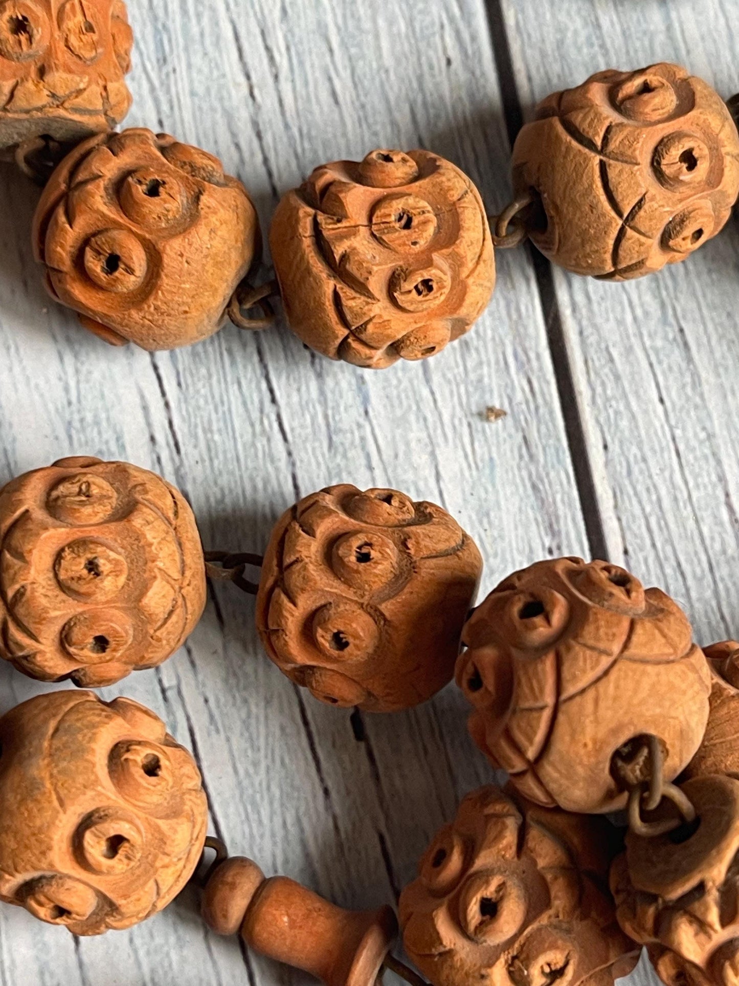 Antique French Long Wooden Bead Rosary / Hand Carved Souvenir from Lourdes