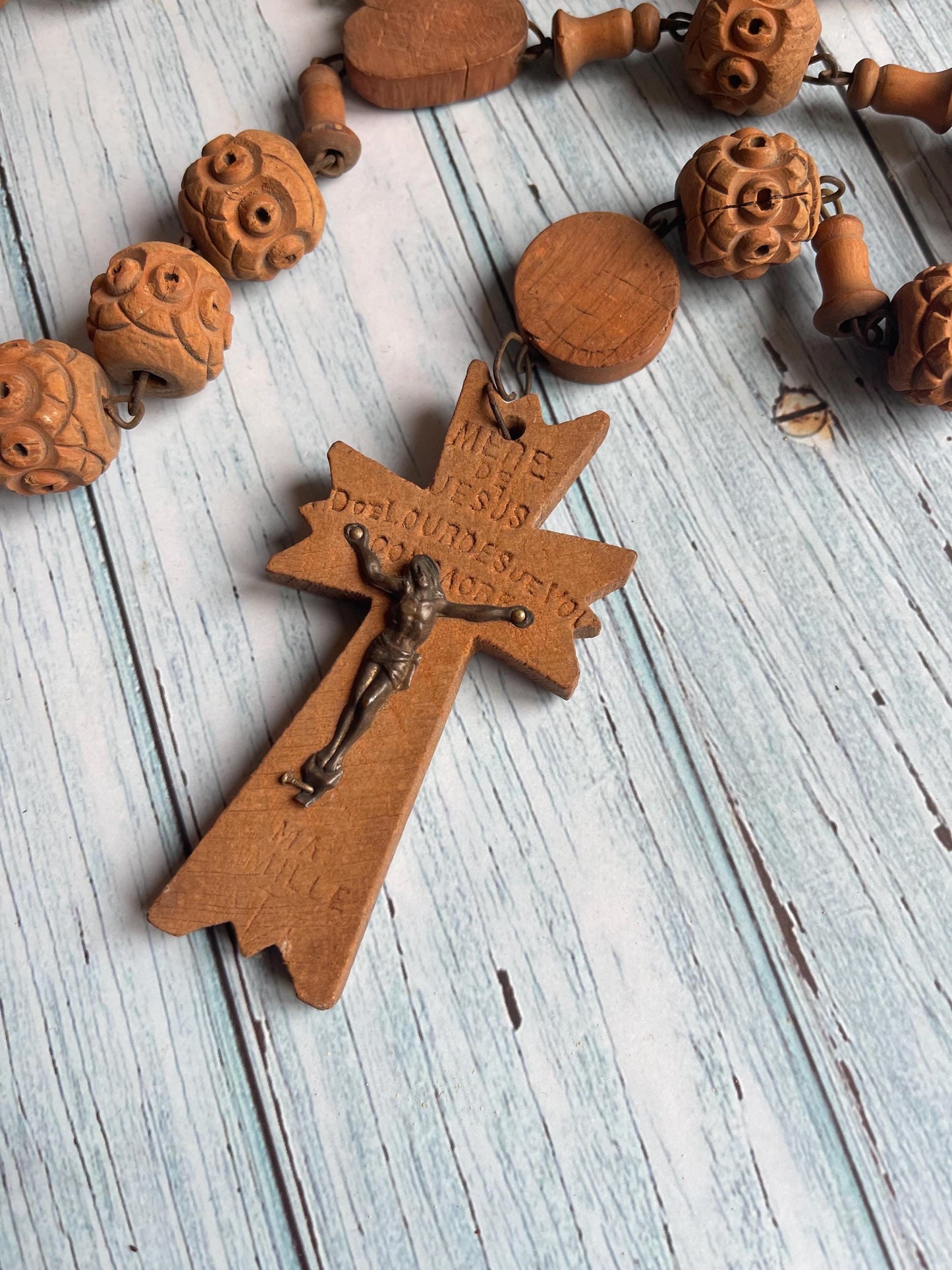 Antique French Long Wooden Bead Rosary / Hand Carved Souvenir from Lourdes