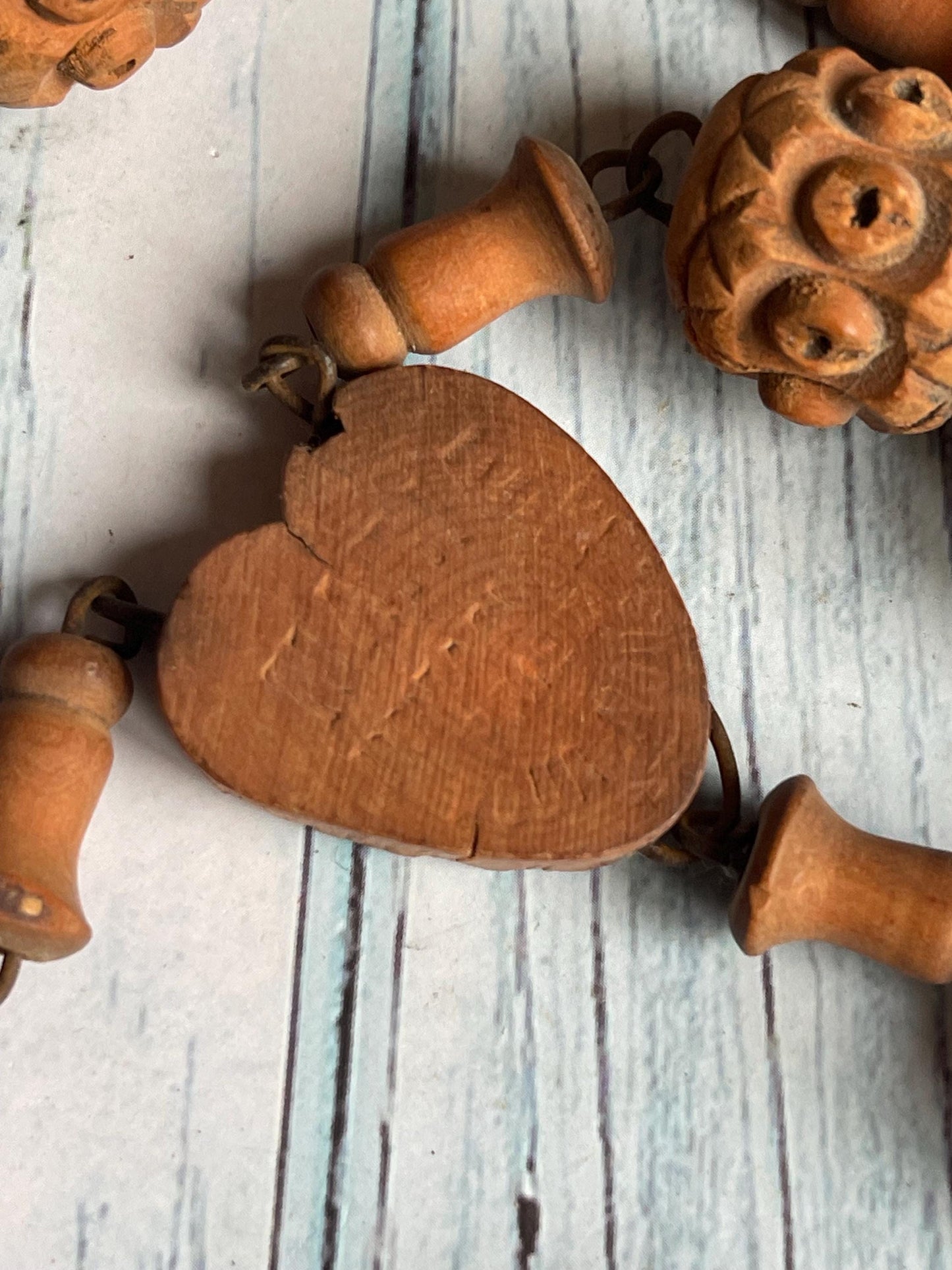 Antique French Long Wooden Bead Rosary / Hand Carved Souvenir from Lourdes