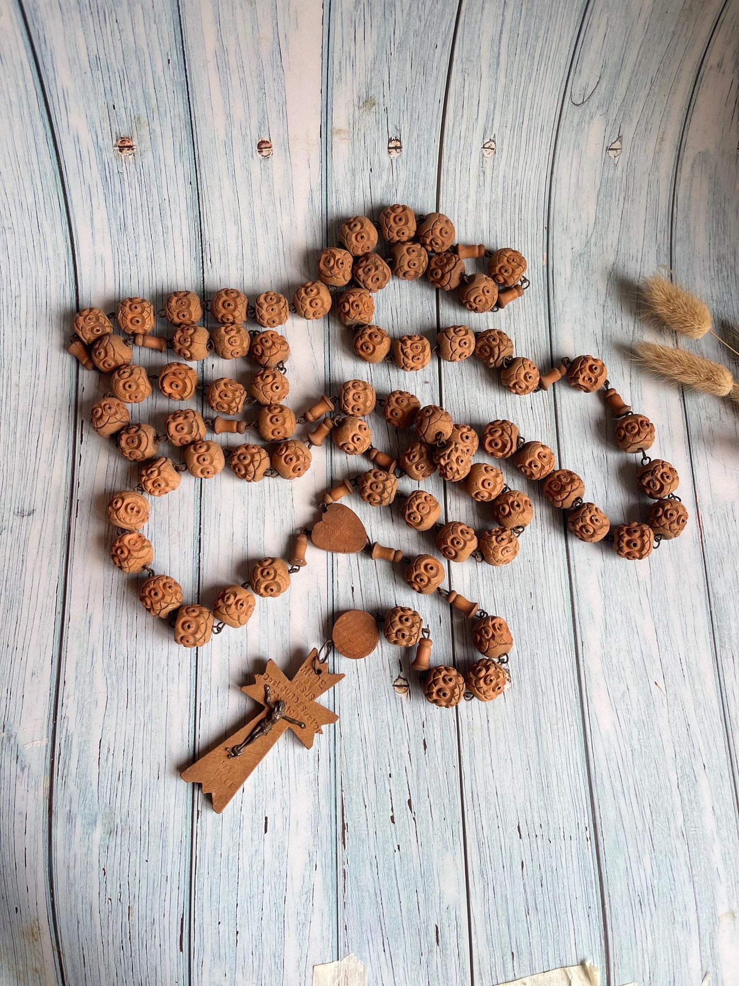 Antique French Long Wooden Bead Rosary / Hand Carved Souvenir from Lourdes