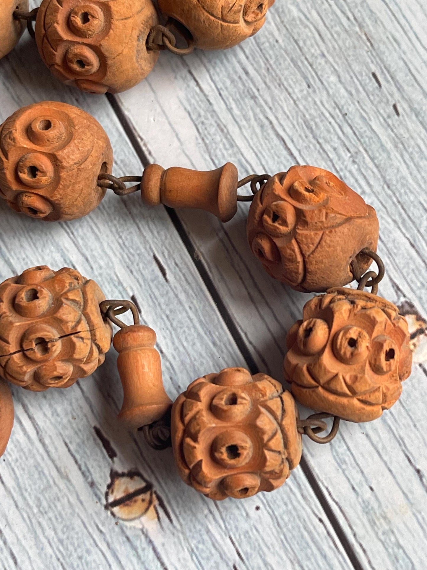 Antique French Long Wooden Bead Rosary / Hand Carved Souvenir from Lourdes