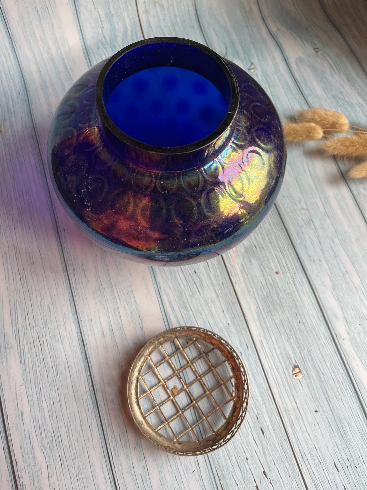 Vintage Blue Lustre Glass Posy Bowl with Ornate Silver Plated Grill Lid