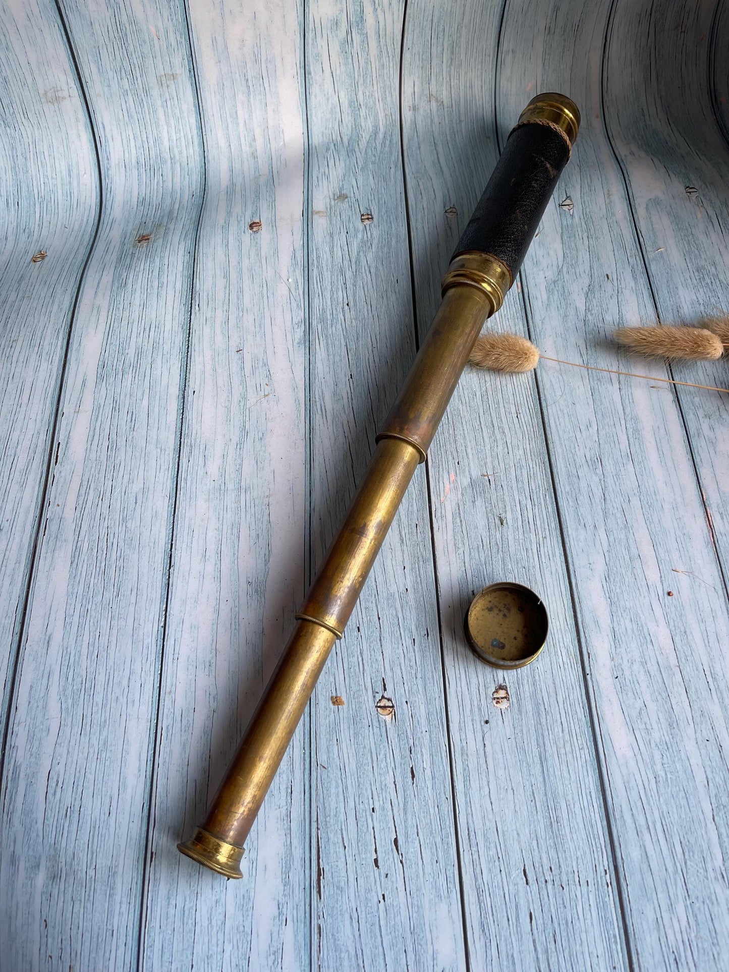 Antique French Three Pull Brass and Leather Telescope
