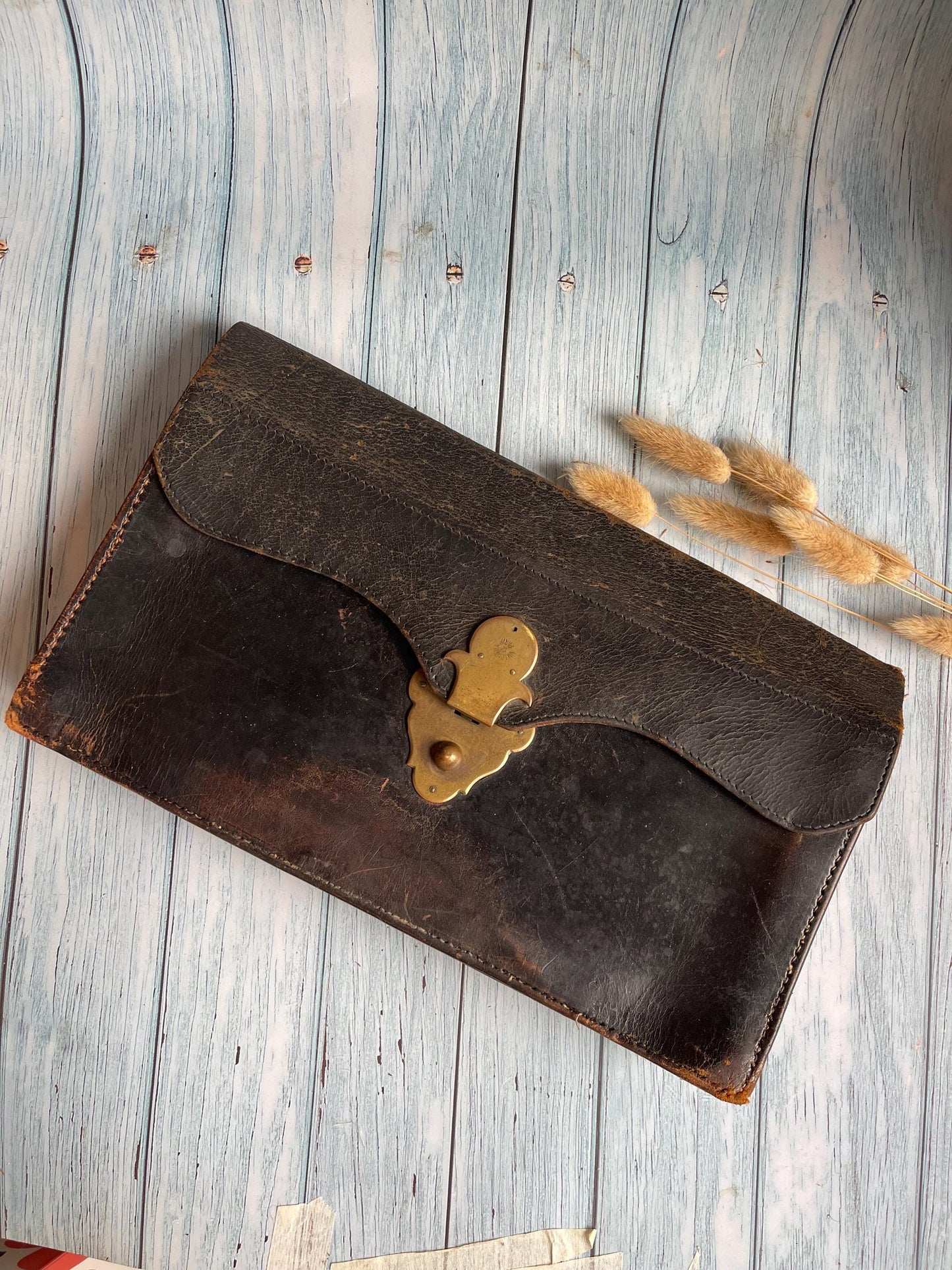 Antique French Leather Banker’s Bank Folio Bag / Banque Nationale Accounting and Receipts Briefcase / Villousier / Portefeuille à soufflet