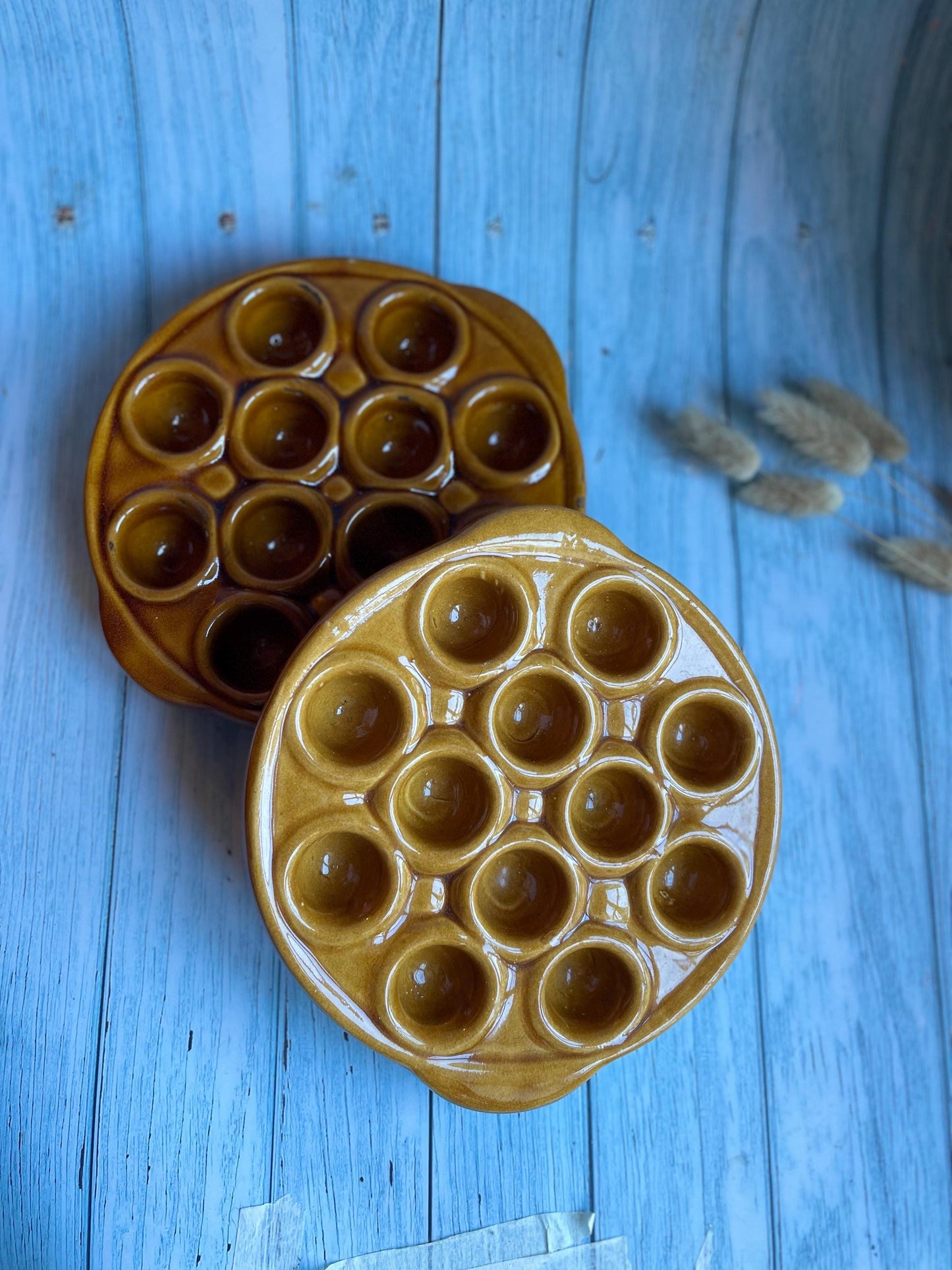 Set of Two 1960s of Vintage French Snail Plates / Escargot Cooking Dishes / Oven Proof / 12 Compartments