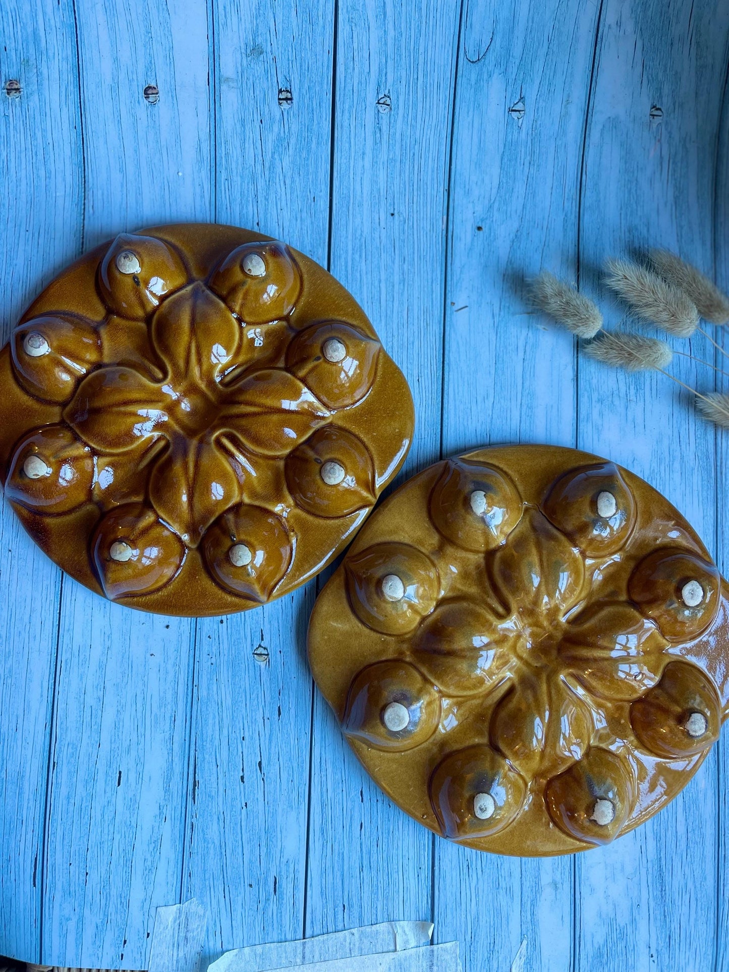 Set of Two 1960s of Vintage French Snail Plates / Escargot Cooking Dishes / Oven Proof / 12 Compartments
