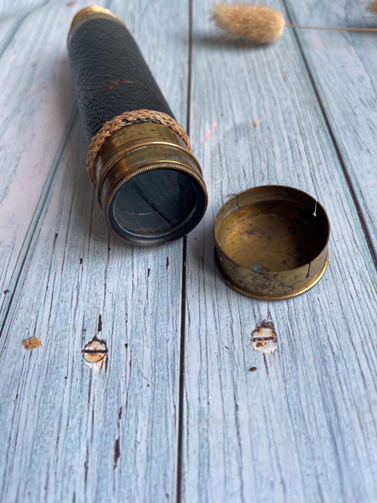 Antique French Three Pull Brass and Leather Telescope