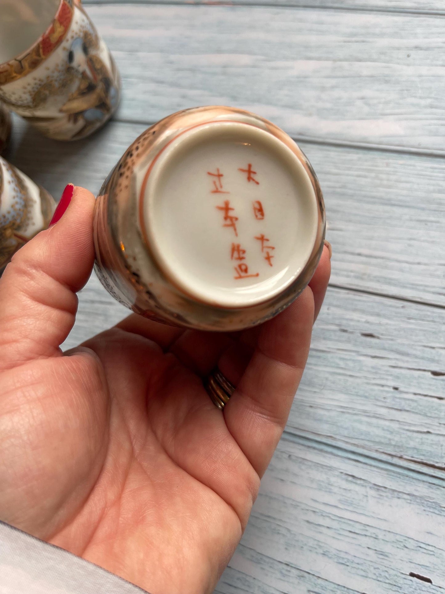 Antique Japanese Satsuma Eggshell Porcelain Set of Six Hand Painted Tea Cups and Saucers