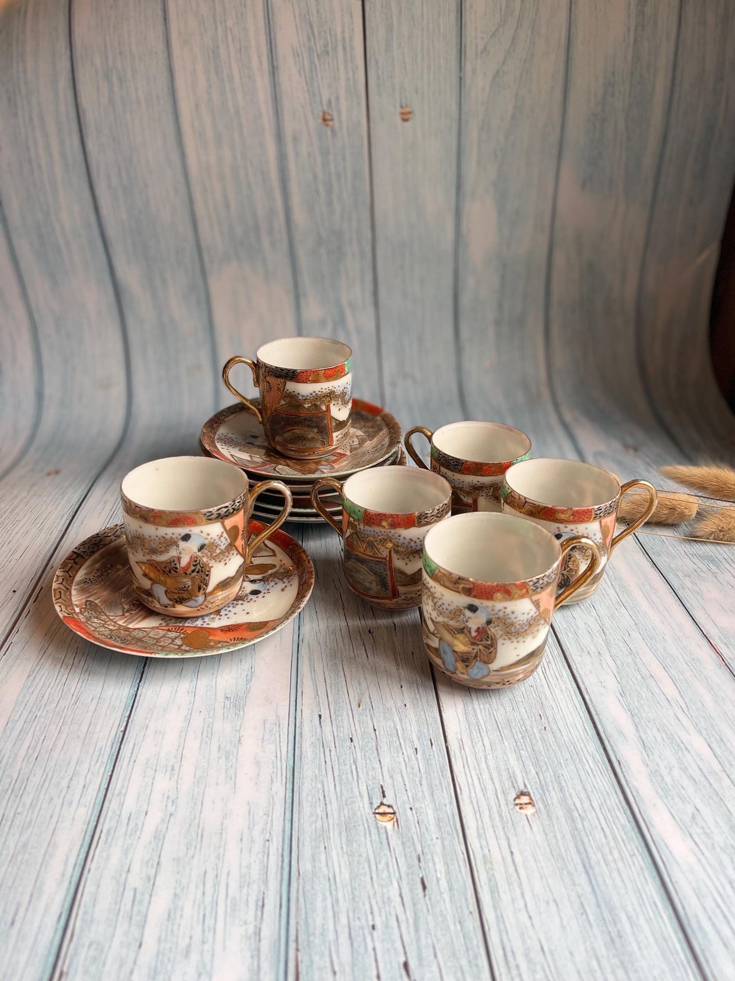 Antique Japanese Satsuma Eggshell Porcelain Set of Six Hand Painted Tea Cups and Saucers