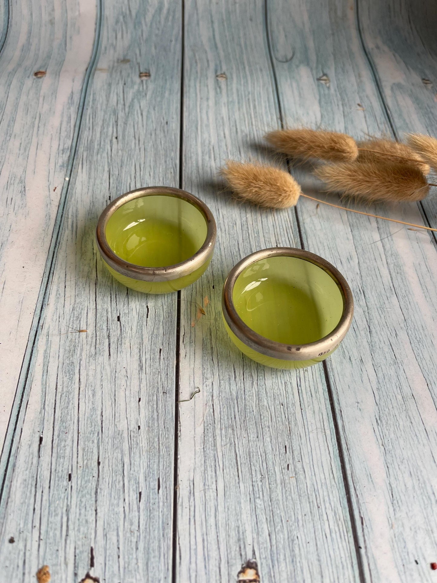 Antique 1920 John Grinsell & Sons Green Glass Salts with Silver Rims / Birmingham Hallmark Pair