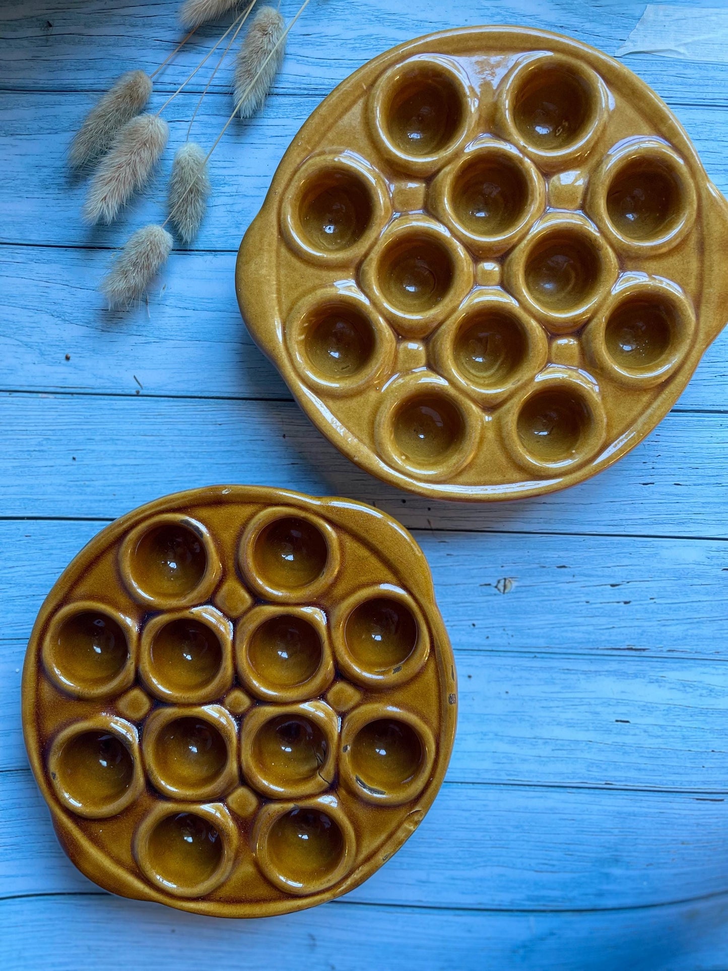 Set of Two 1960s of Vintage French Snail Plates / Escargot Cooking Dishes / Oven Proof / 12 Compartments