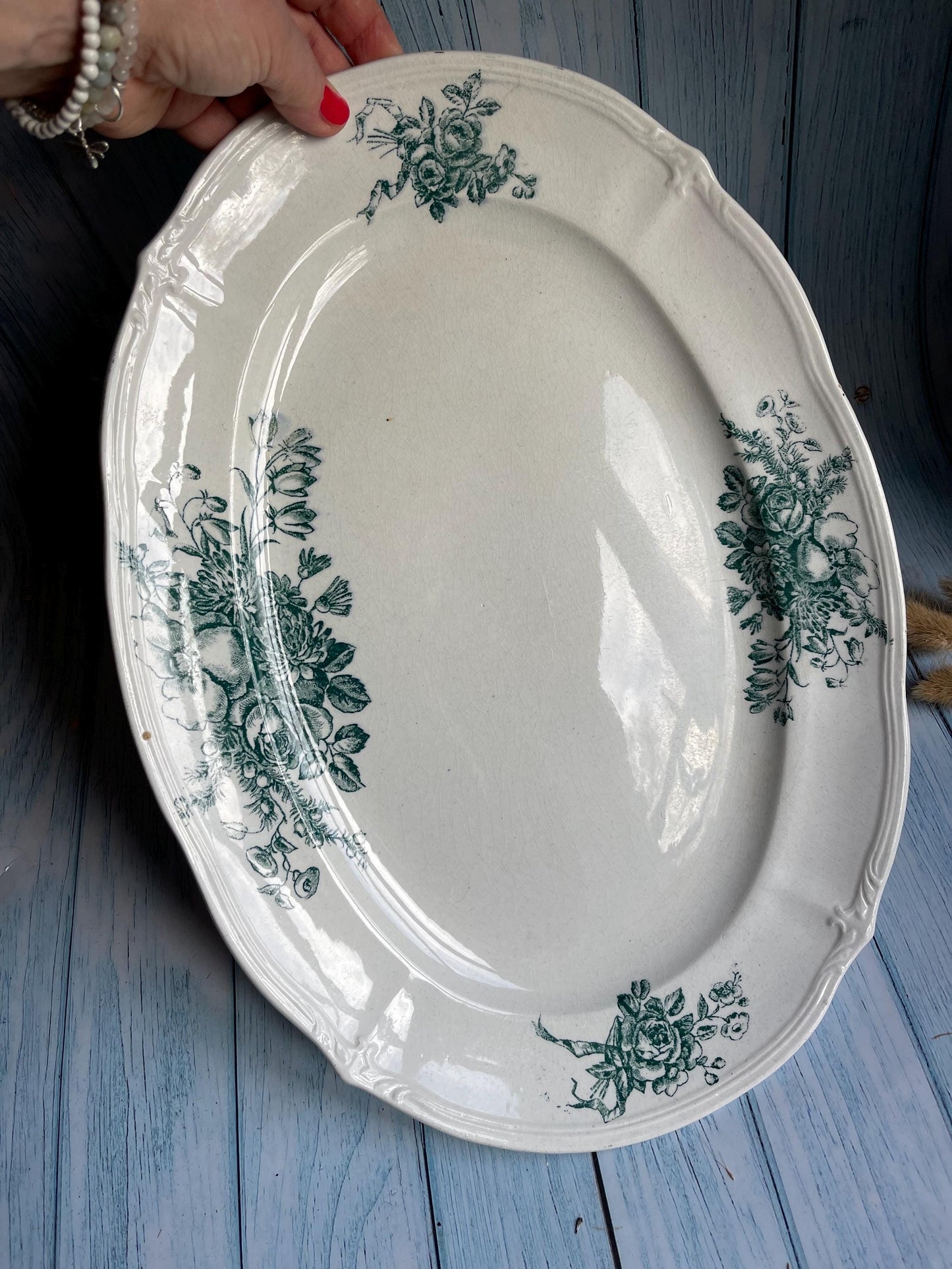 Antique French Terre de Fer Transfer Floral Design Oval Serving Plate / Platter
