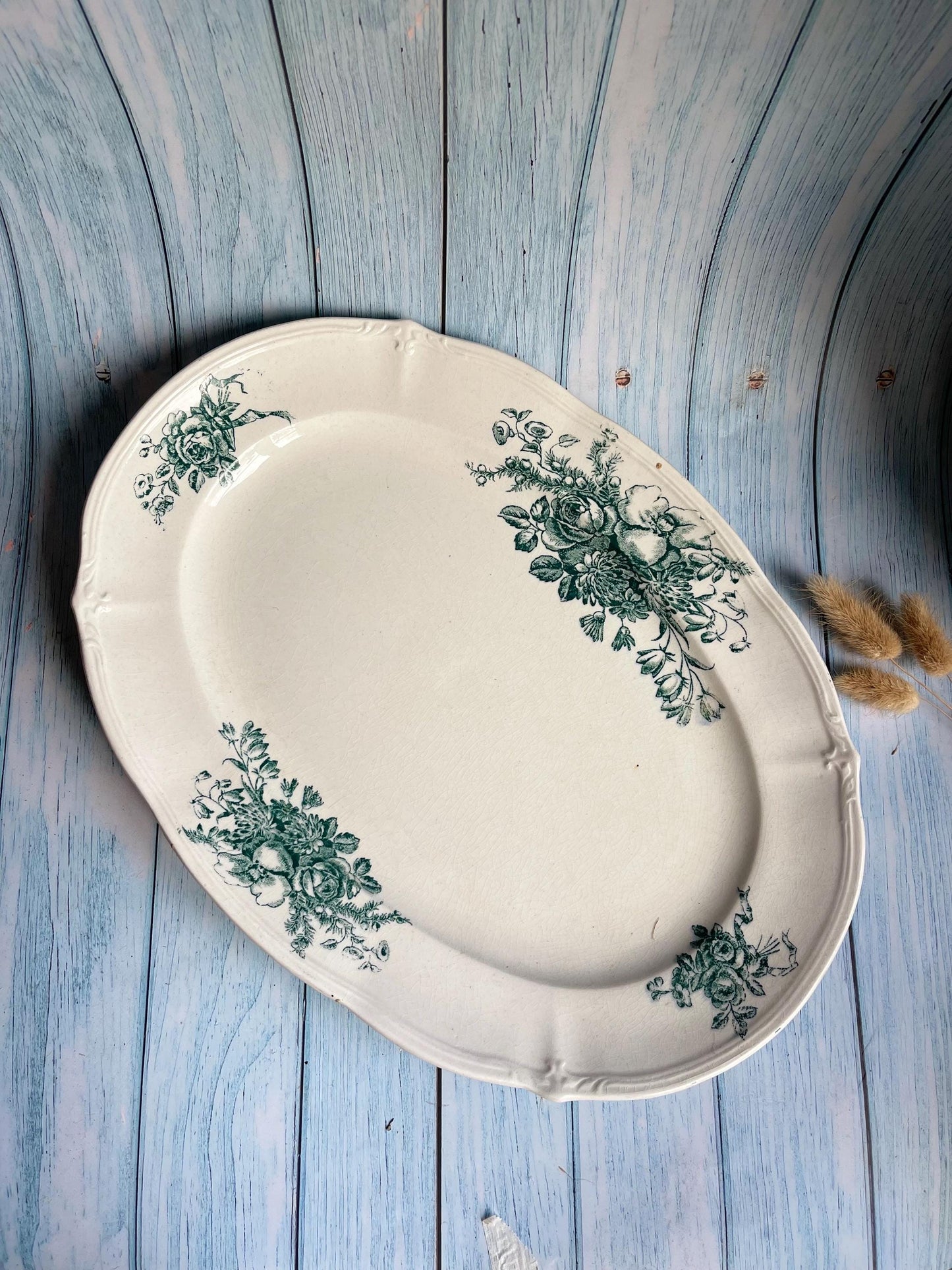 Antique French Terre de Fer Transfer Floral Design Oval Serving Plate / Platter