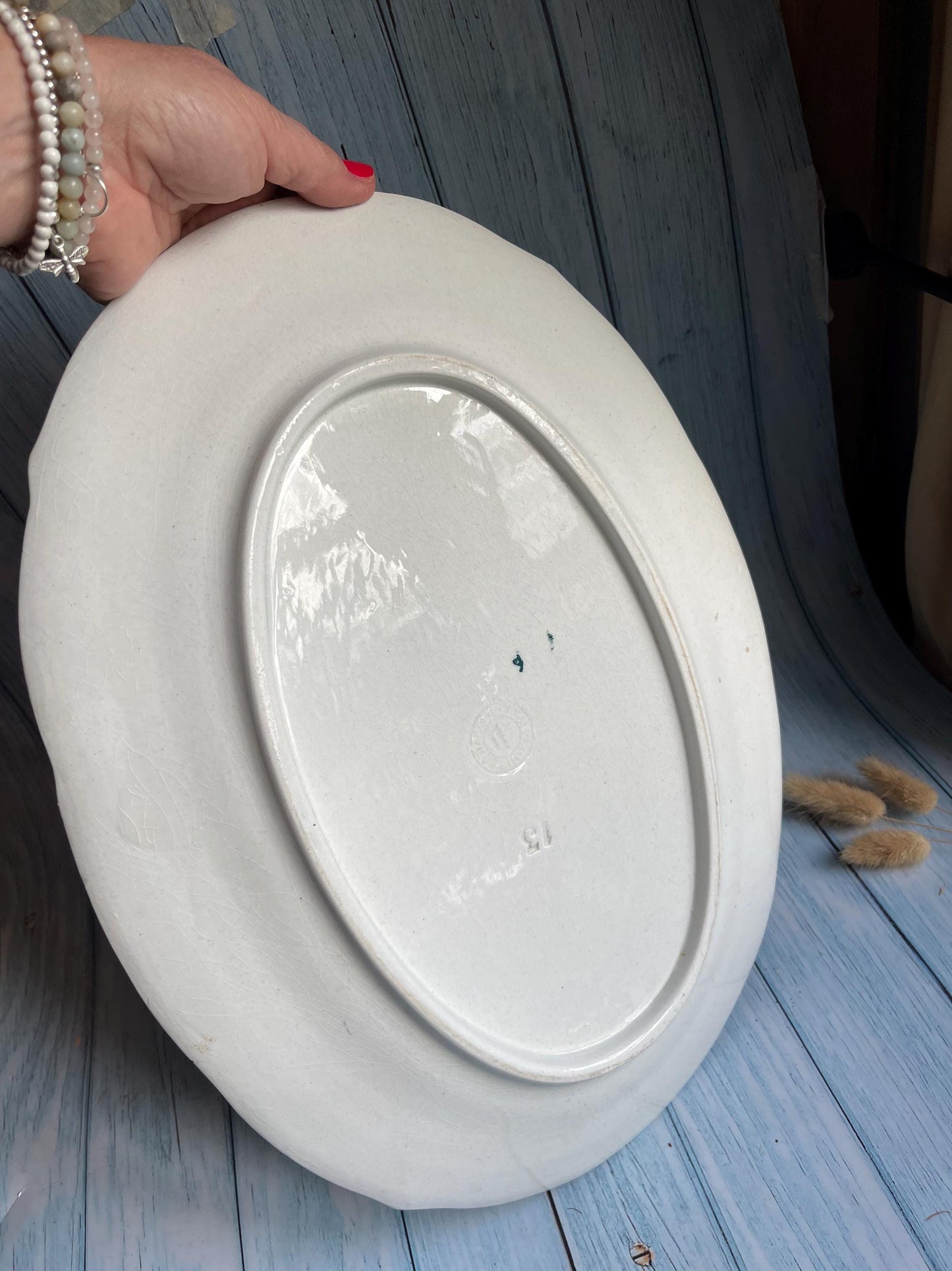 Antique French Terre de Fer Transfer Floral Design Oval Serving Plate / Platter