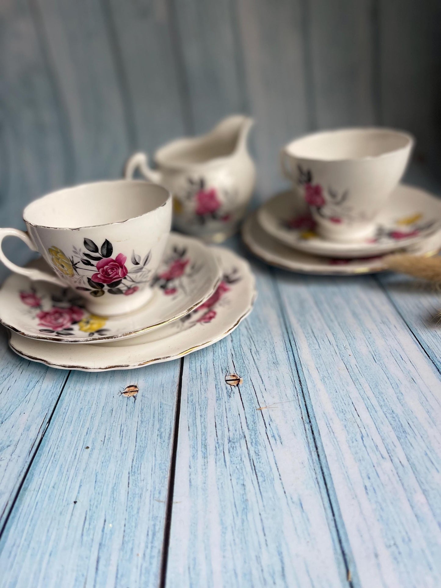 Vintage Royal Vale Tea Set: Pink Rose Trio & Cream Jug, Fine Bone China
