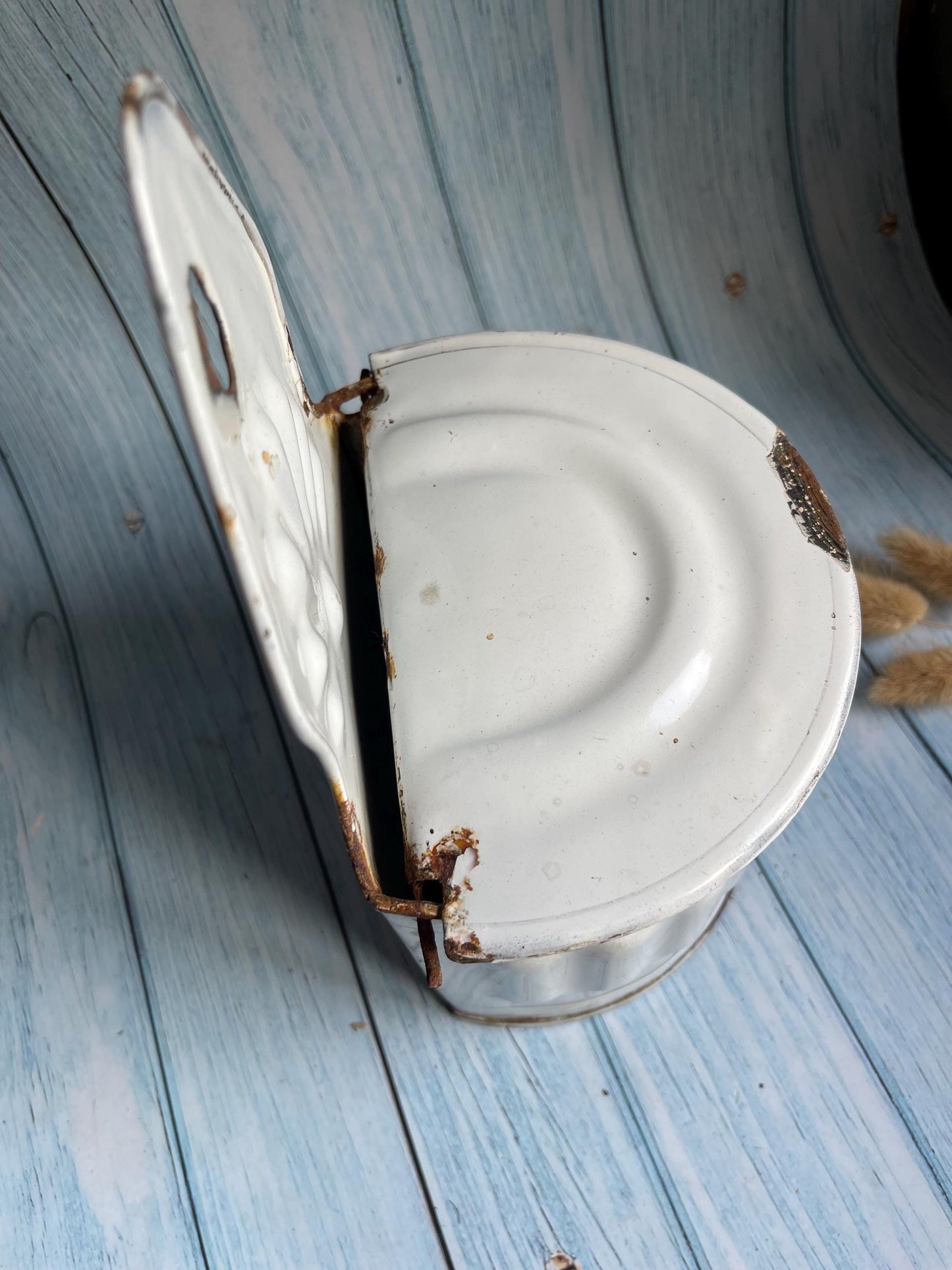 Classic French Antique Enamel Faded Silver and White Chippy Salt Cellar / Wall Hanging Sel