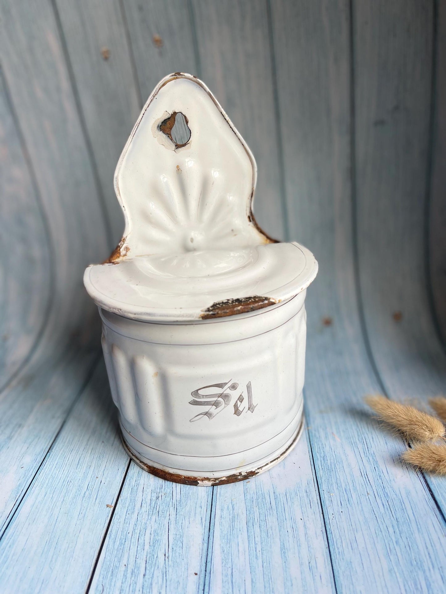 Classic French Antique Enamel Faded Silver and White Chippy Salt Cellar / Wall Hanging Sel