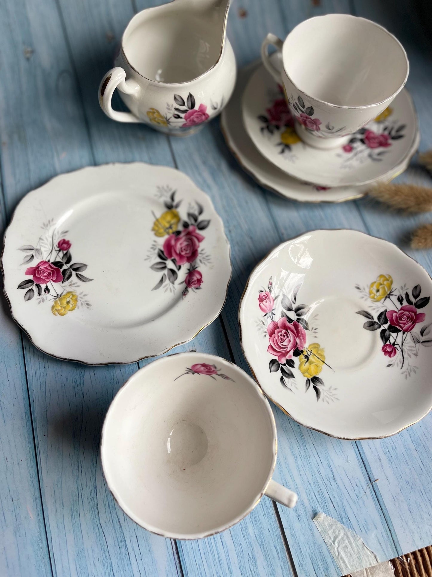 Vintage Royal Vale Tea Set: Pink Rose Trio & Cream Jug, Fine Bone China