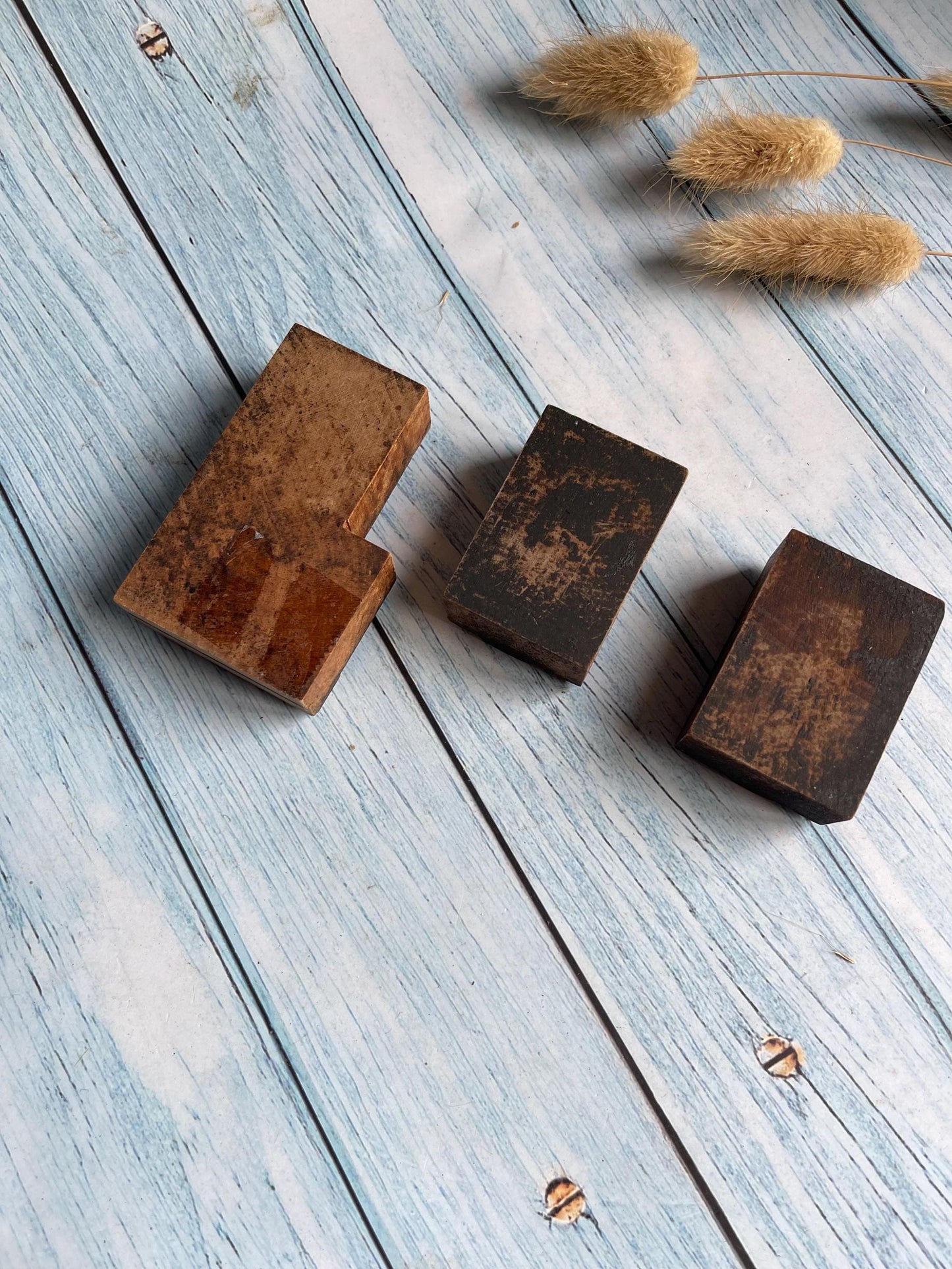 Set of Three Vintage Wooden Print Blocks / 5 6 and L