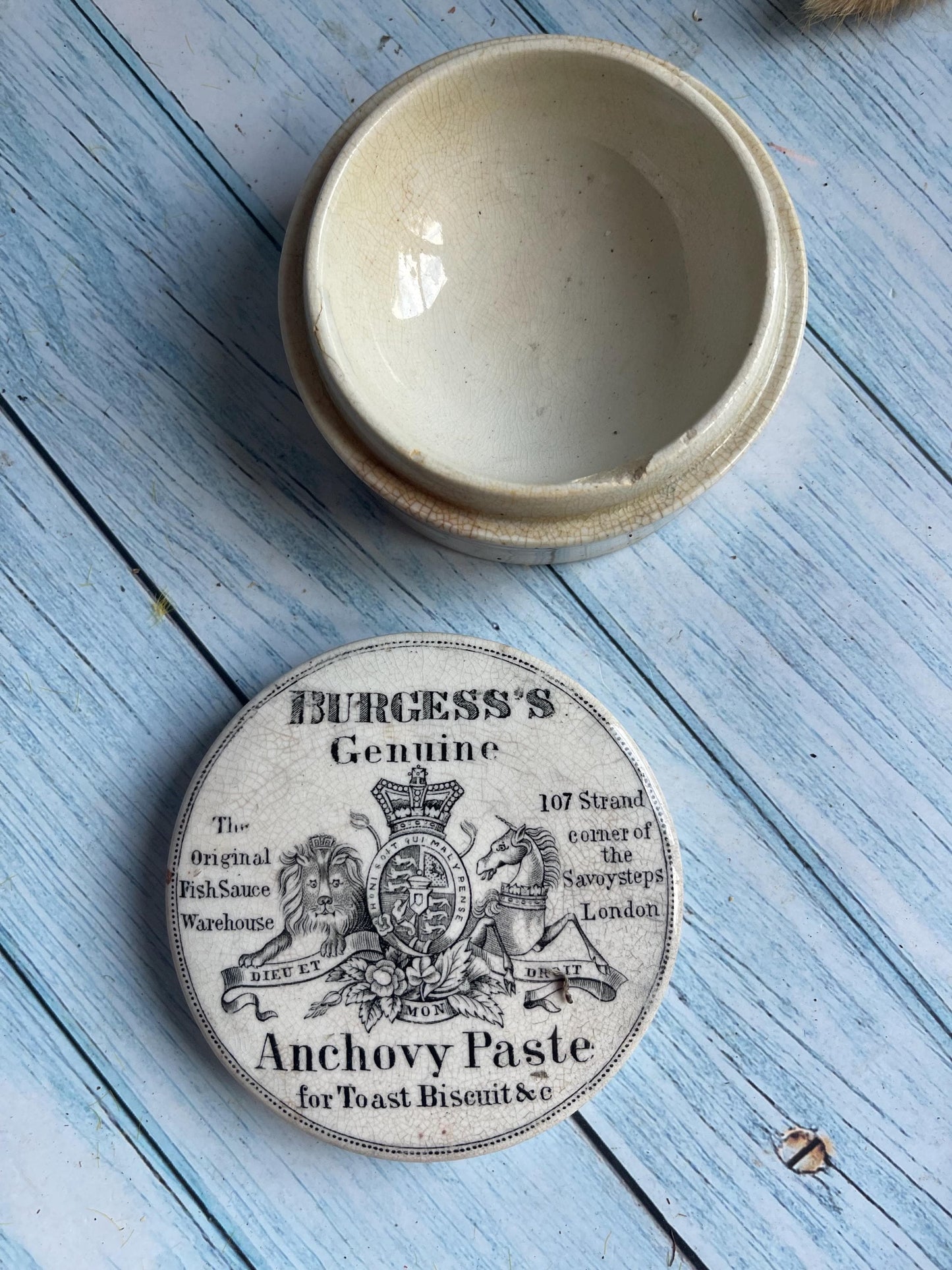 Victorian Ironstone Burgess’s London Anchovy Paste Pot & Lid – 1880s