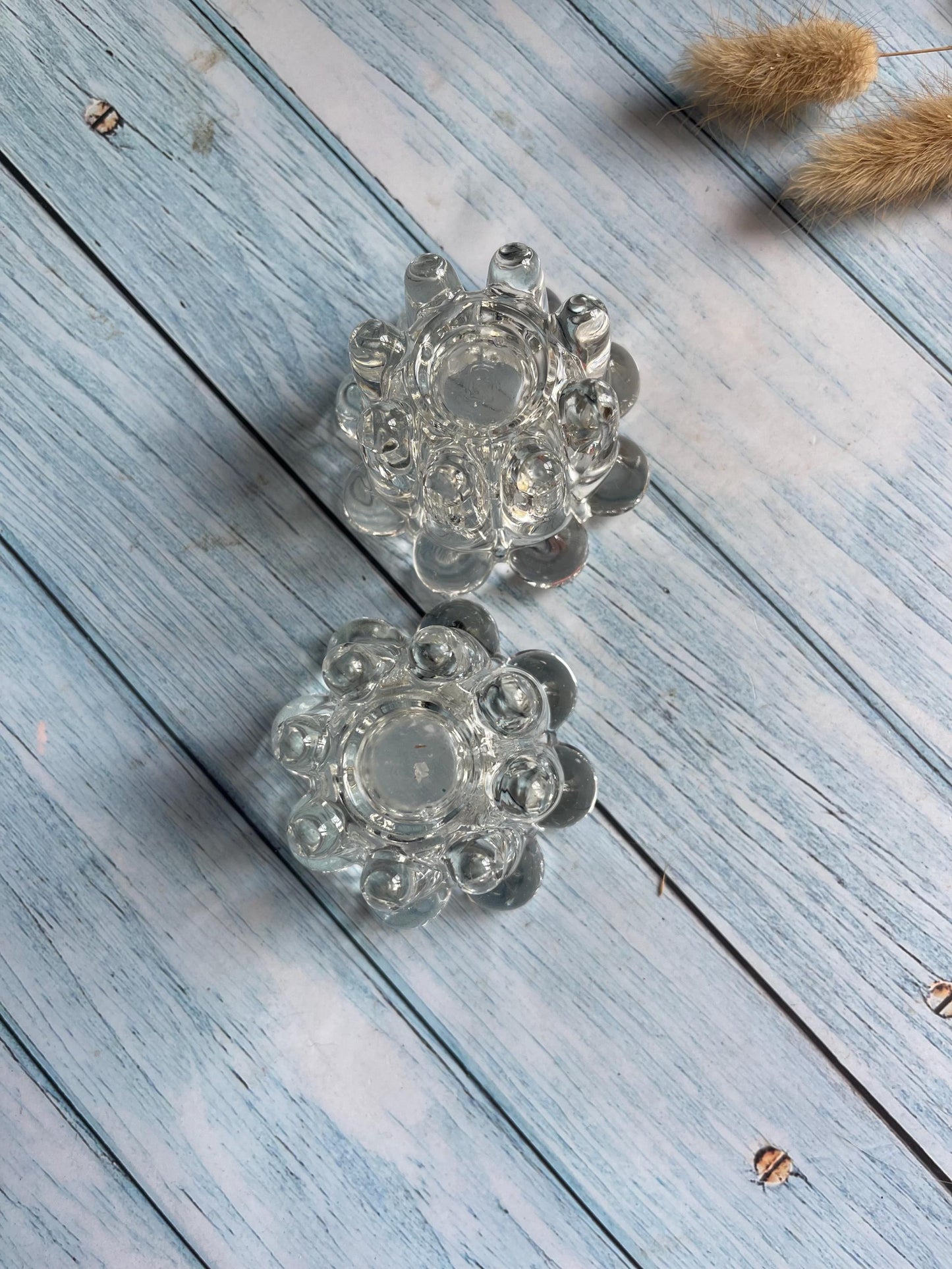 Pair of Reims France Clear Glass Votive / Taper Candle Holders — Beaded Edge